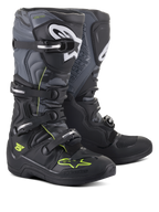 Bottes Alpinestars Tech 5, bottes de motocross et tout-terrain, noir, gris cool et jaune fluo, dotées d'un système de fermeture à quatre boucles, logos blancs sur le tibia et accents jaune fluo, construction en microfibre durable pour la performance tout-terrain