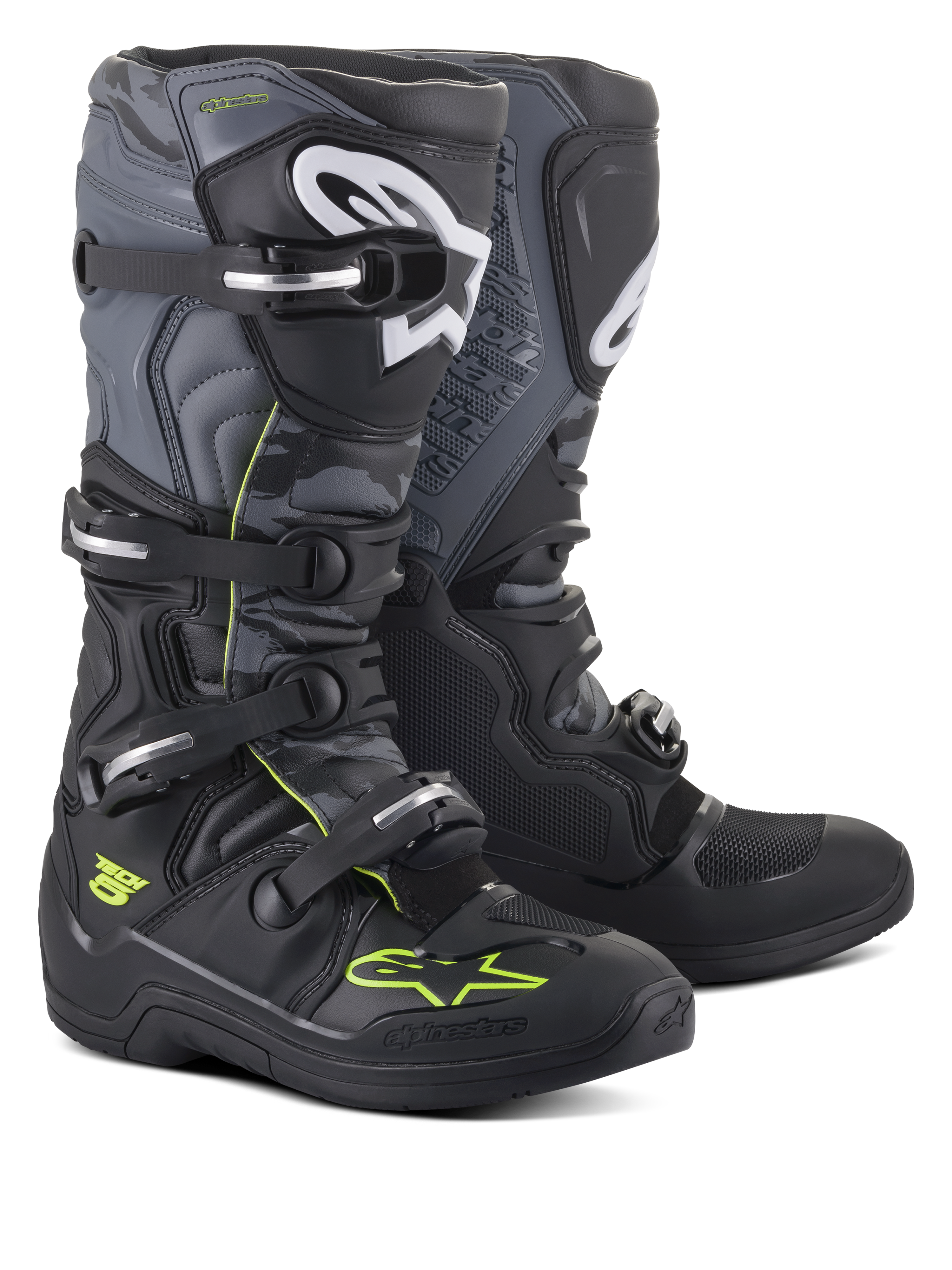 Bottes Alpinestars Tech 5, bottes de motocross et tout-terrain, noir, gris cool et jaune fluo, dotées d'un système de fermeture à quatre boucles, logos blancs sur le tibia et accents jaune fluo, construction en microfibre durable pour la performance tout-terrain