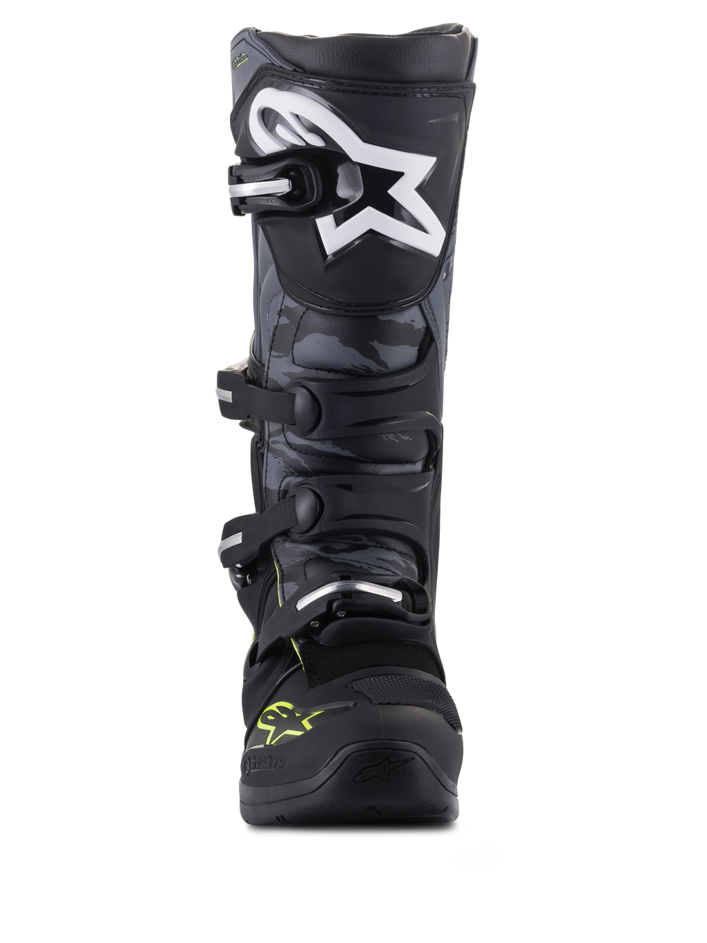 Alpinestars Tech 5, bottes de motocross tout-terrain noires et grises avec jaune fluo, vue de face et motif camouflage