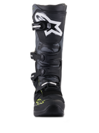 Alpinestars Tech 5, bottes de motocross tout-terrain noires et grises avec jaune fluo, vue de face et motif camouflage