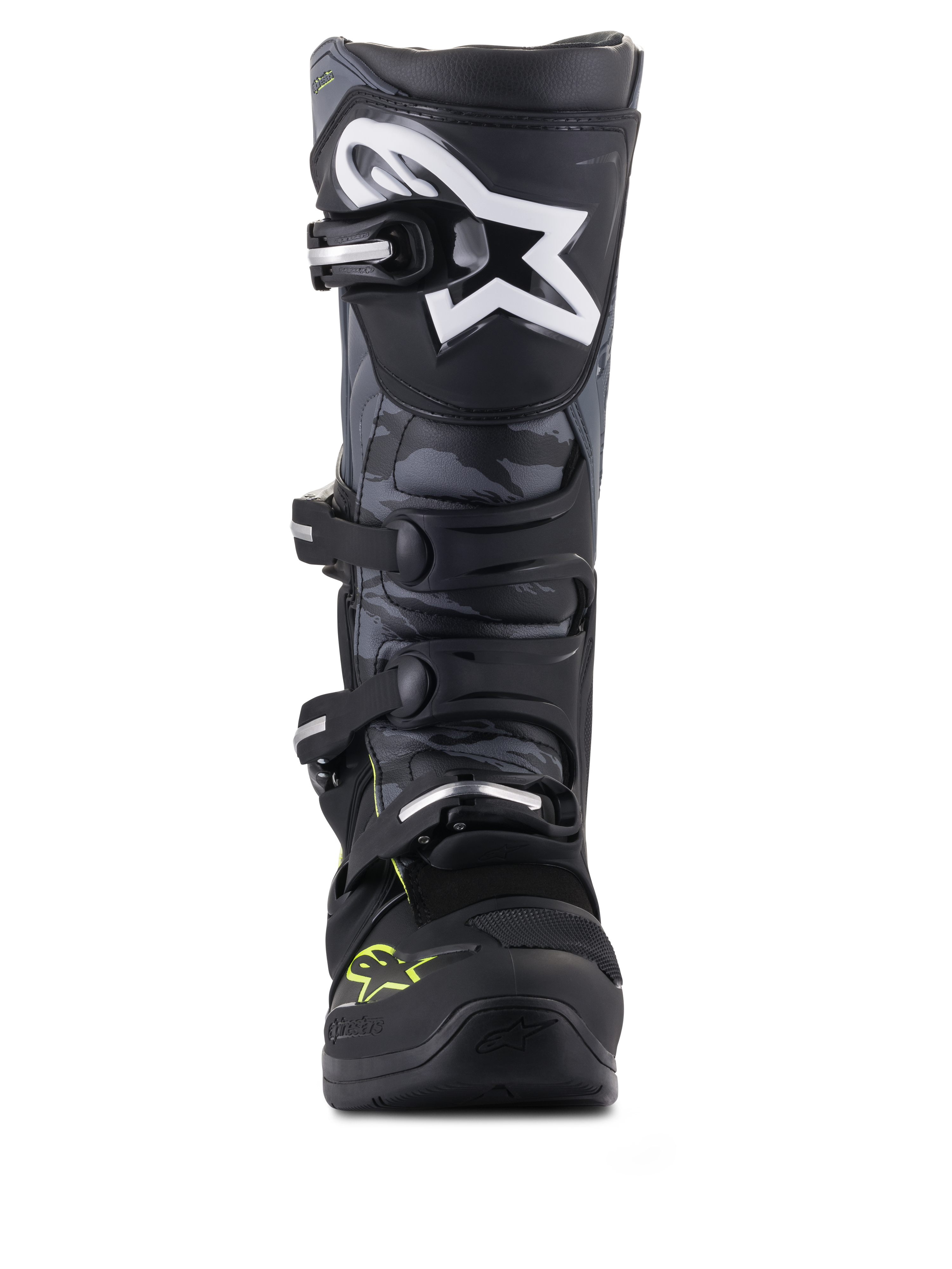 Alpinestars Tech 5, bottes de motocross tout-terrain noires et grises avec jaune fluo, vue de face et motif camouflage
