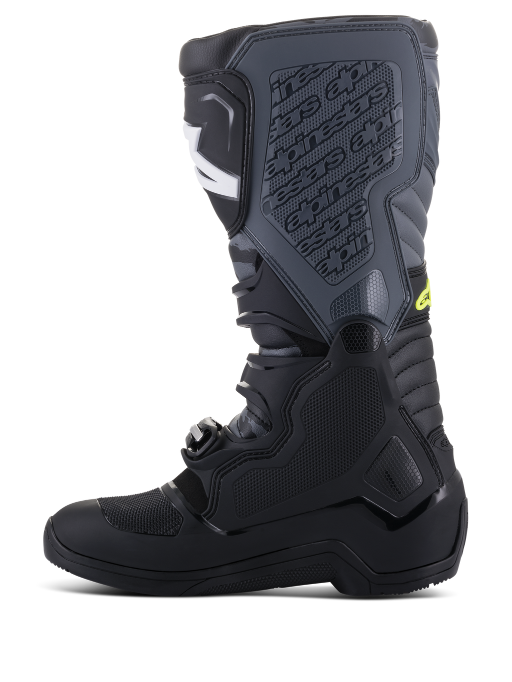 Bottes Alpinestars Tech 5, bottes de motocross, noir et gris froid avec accents jaune fluo, profil latéral montrant une construction haute multi-panneaux, système de fermeture à boucles et plaque de tibia texturée avec logo embossé, chaussures de course tout-terrain