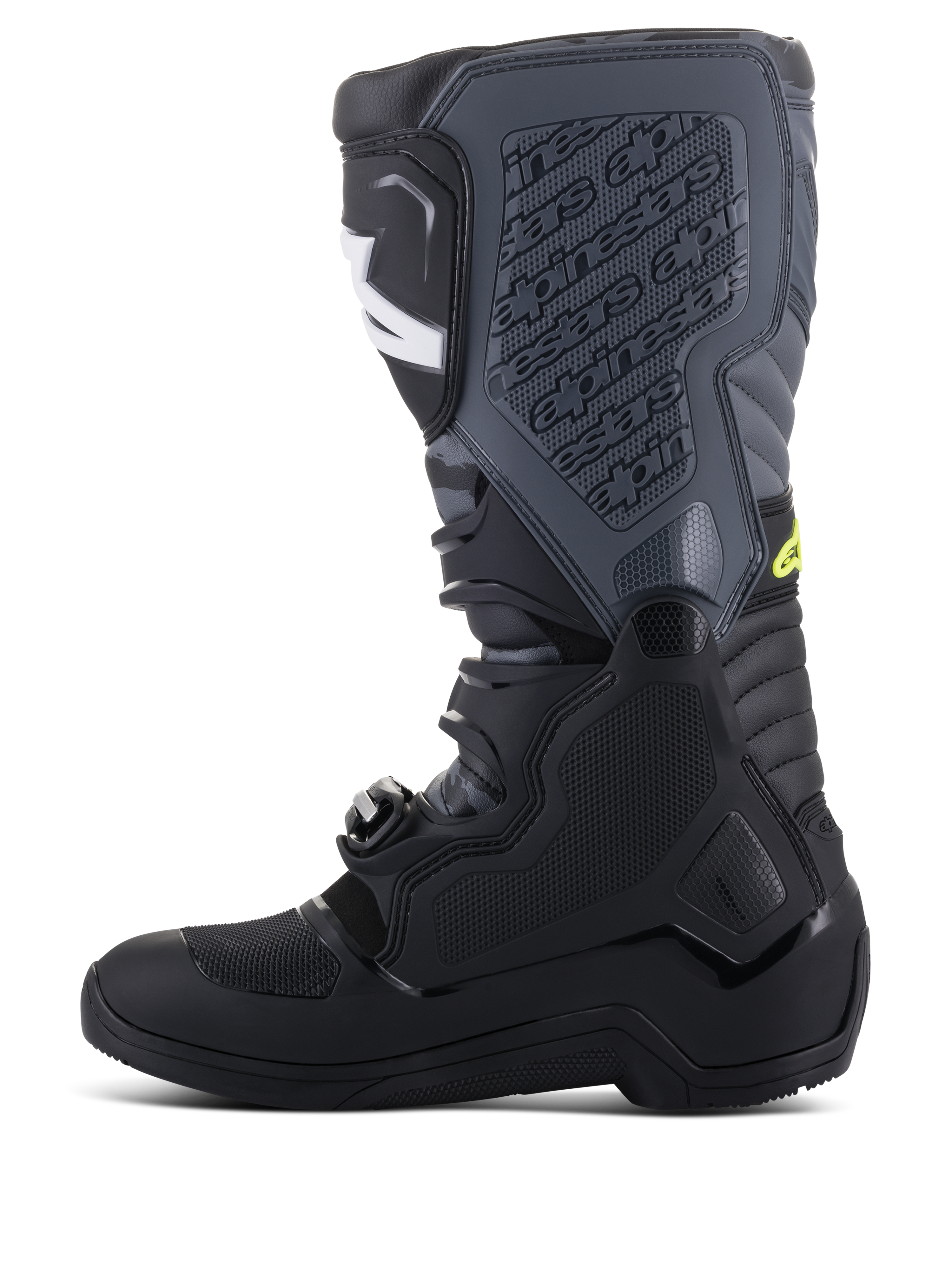 Bottes Alpinestars Tech 5, bottes de motocross, noir et gris froid avec accents jaune fluo, profil latéral montrant une construction haute multi-panneaux, système de fermeture à boucles et plaque de tibia texturée avec logo embossé, chaussures de course tout-terrain