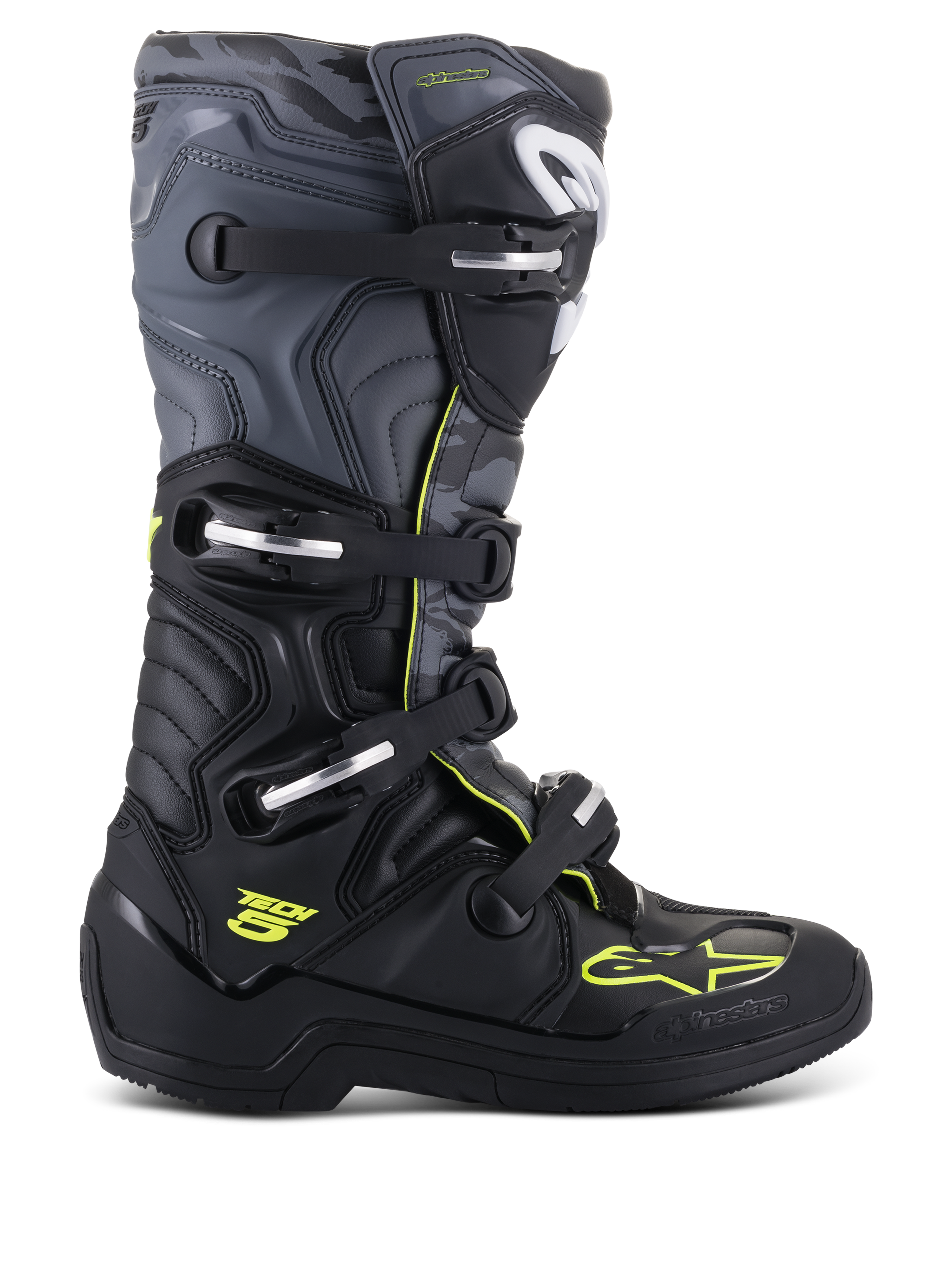 Bottes Alpinestars Tech 5, bottes de motocross tout-terrain, vue de profil, noir et gris froid avec accents jaune fluo, motif camouflage, boucles réglables et semelle de protection robuste.