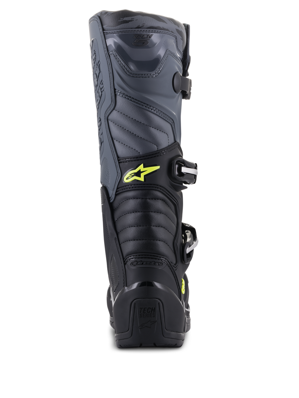 Bottes Alpinestars Tech 5, bottes de motocross, noir, gris et jaune fluo, vue arrière montrant les zones de flexion en accordéon et la protection du talon, avec logo Astars jaune et marquage Tech Series embossé, construction multi-matériaux durable pour la performance tout-terrain