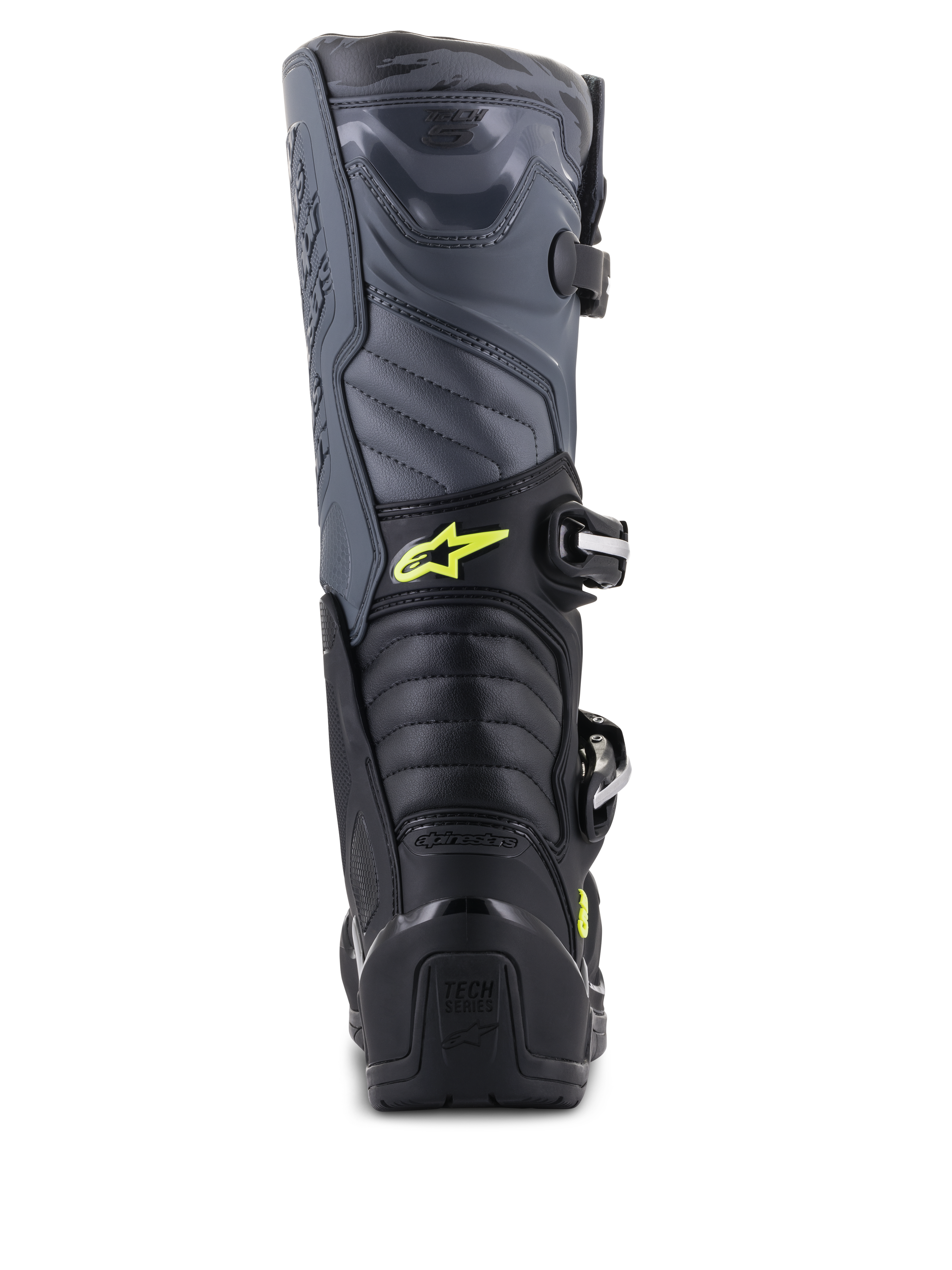 Bottes Alpinestars Tech 5, bottes de motocross, noir, gris et jaune fluo, vue arrière montrant les zones de flexion en accordéon et la protection du talon, avec logo Astars jaune et marquage Tech Series embossé, construction multi-matériaux durable pour la performance tout-terrain