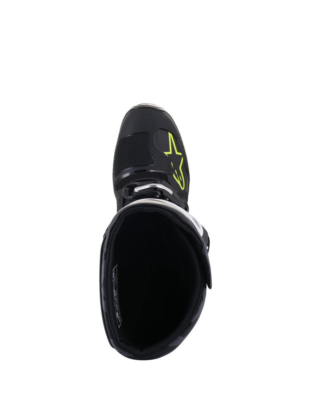 Bottes Alpinestars Tech 5, vue de dessus, noir avec logo jaune fluo sur la pointe, montrant la doublure intérieure et la fermeture à boucle, chaussures de motocross et tout-terrain haute performance