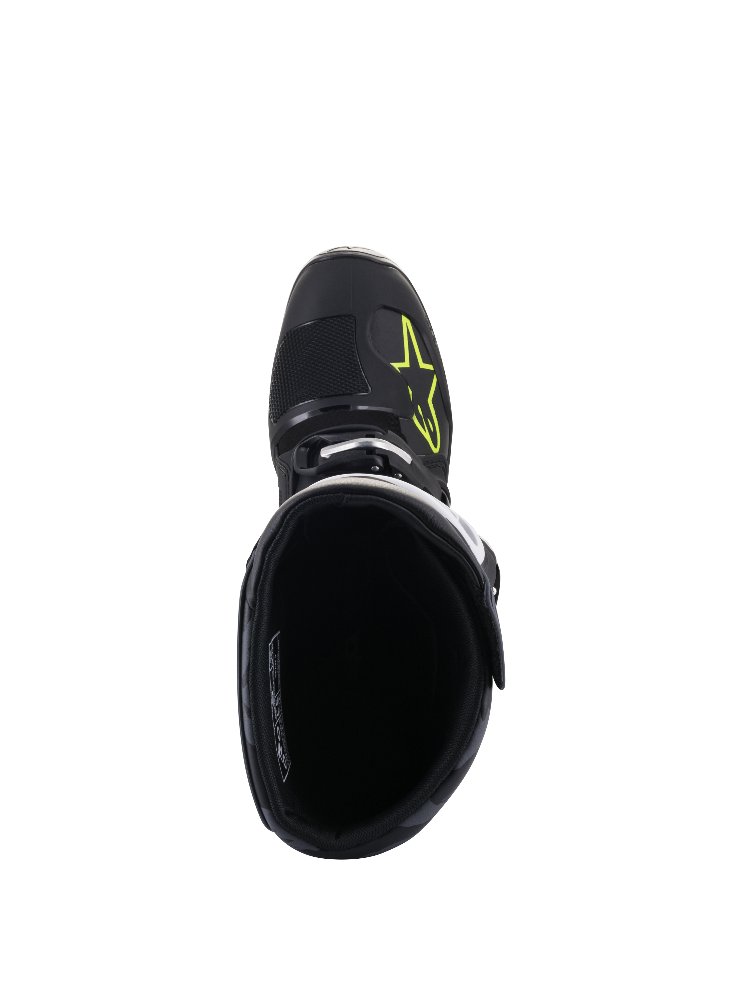 Bottes Alpinestars Tech 5, vue de dessus, noir avec logo jaune fluo sur la pointe, montrant la doublure intérieure et la fermeture à boucle, chaussures de motocross et tout-terrain haute performance