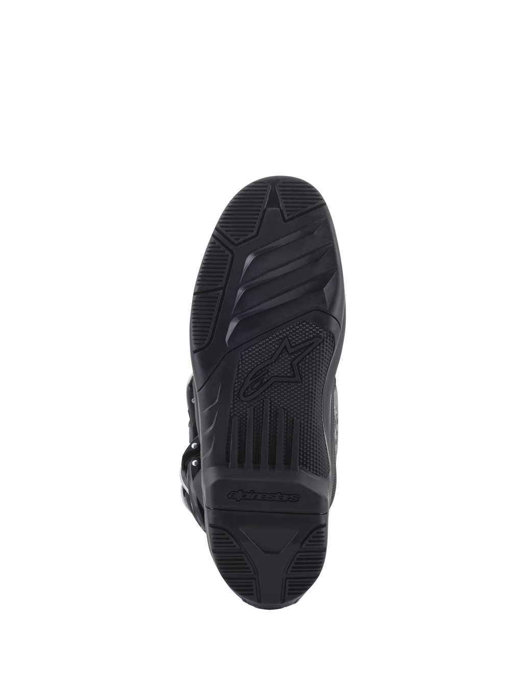 Bottes Alpinestars Tech 5, vue de dessous de la semelle, caoutchouc noir avec motifs d'adhérence texturés, arborant le logo étoile et la marque Alpinestars, conception durable pour la traction en motocross et tout-terrain