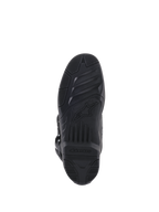 Bottes Alpinestars Tech 5, vue de dessous de la semelle, caoutchouc noir avec motifs d'adhérence texturés, arborant le logo étoile et la marque Alpinestars, conception durable pour la traction en motocross et tout-terrain