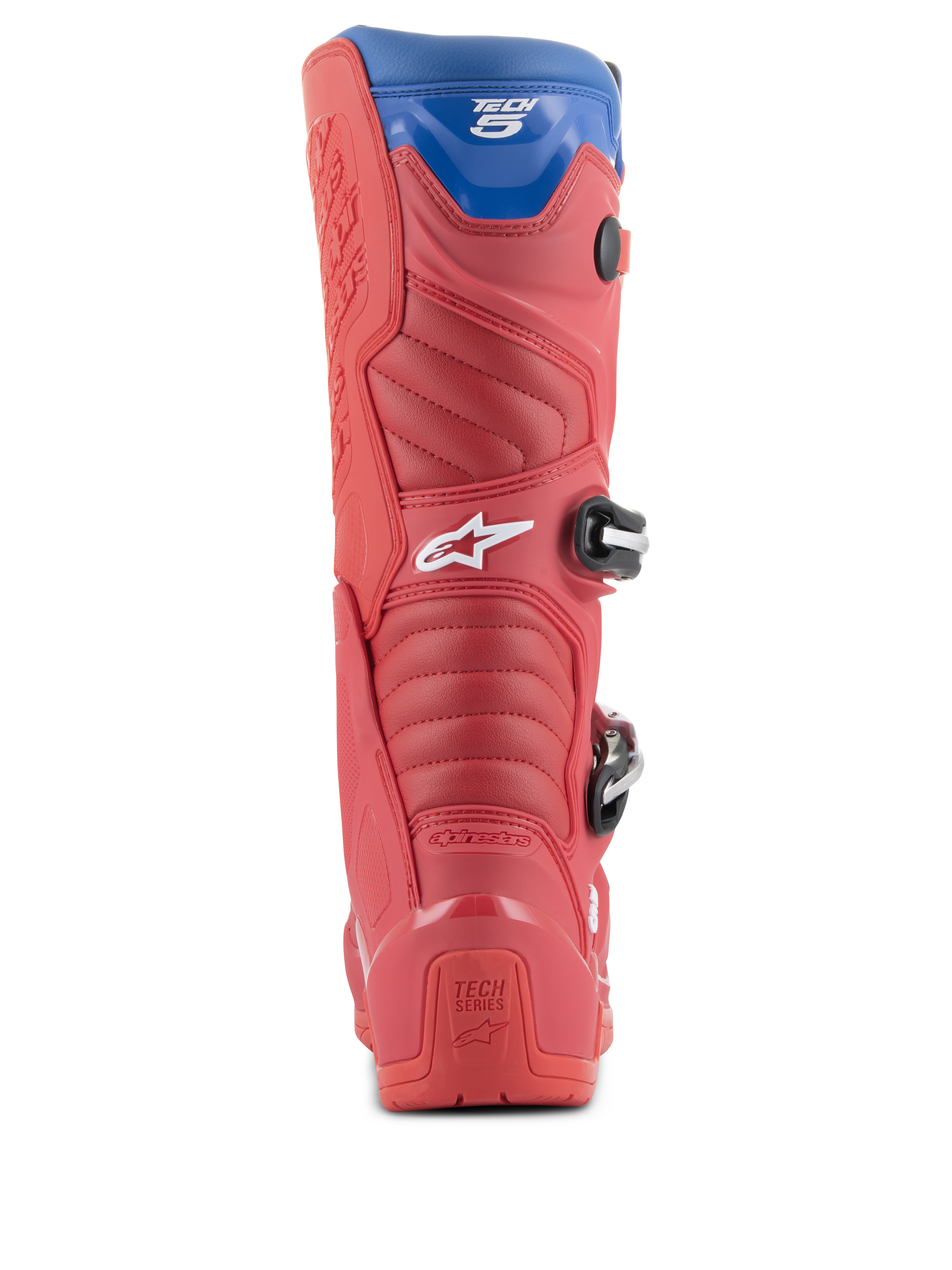 Alpinestars Tech 5 Boots, Motocross Boots, Bright Red, Dark Red, and Alpine Blue, rear view showing the heel, accordion flex zones, and blue top gaiter, with visible buckles and branding
