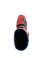 Alpinestars Tech 5 Boots, Motocross Boots, Bright Red and Alpine Blue, top-down view looking into the boot interior, red microfiber toe box with Alpinestars logo, blue padded collar, durable off-road racing design