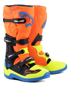 Alpinestars Tech 5 Boots, Motocross Boots, Orange Fluo, Enamel Blue and Yellow Fluo, featuring a four-buckle closure system, biomechanical pivot for stability, and bright multi-color design for off-road riding
