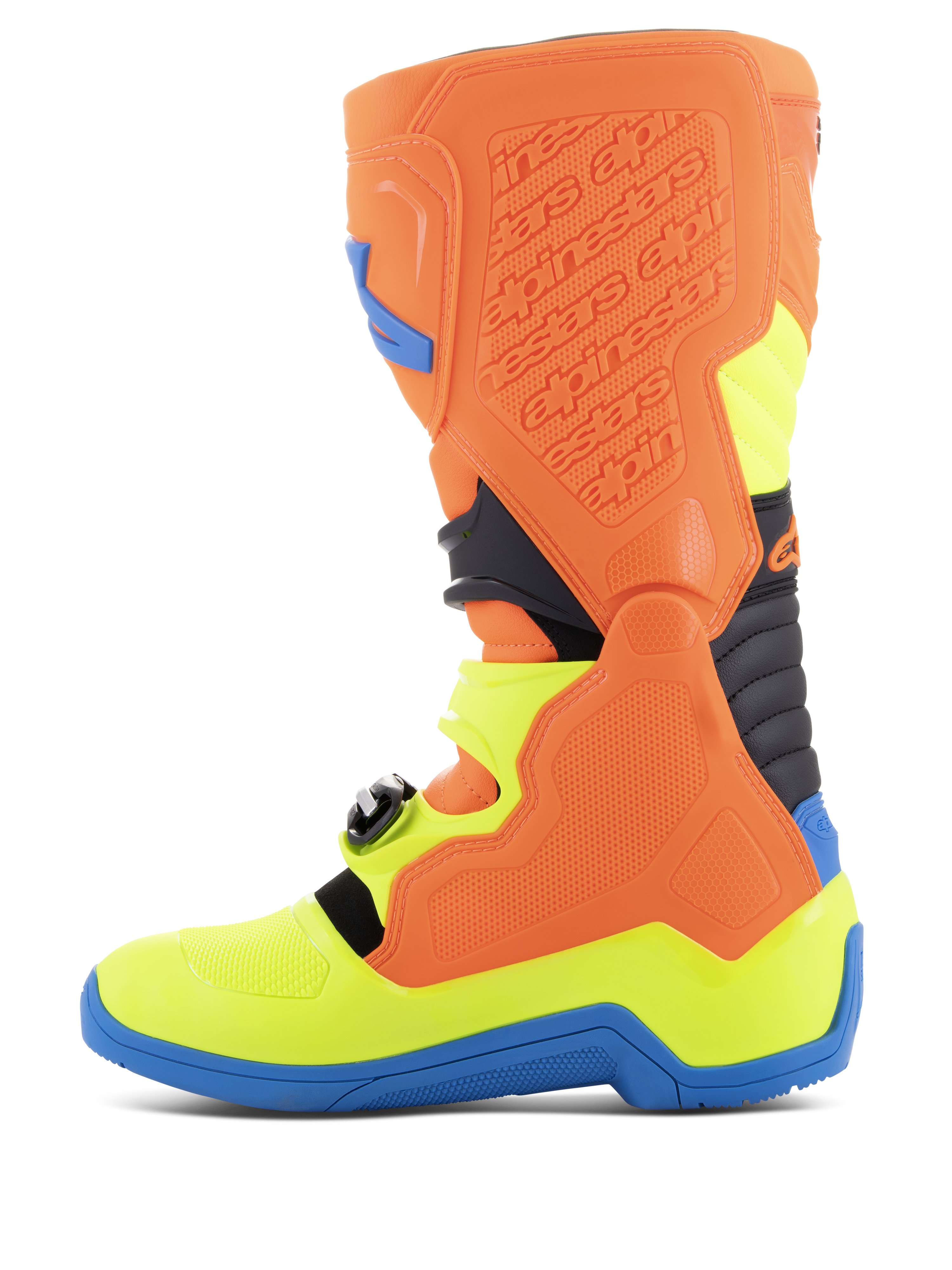 Alpinestars Tech 5 Boots, Motocross Boots, Orange Fluo, Enamel Blue, and Yellow Fluo, side profile view showing the biomechanical pivot system, contoured polymer structure, and durable microfiber chassis for off-road performance.