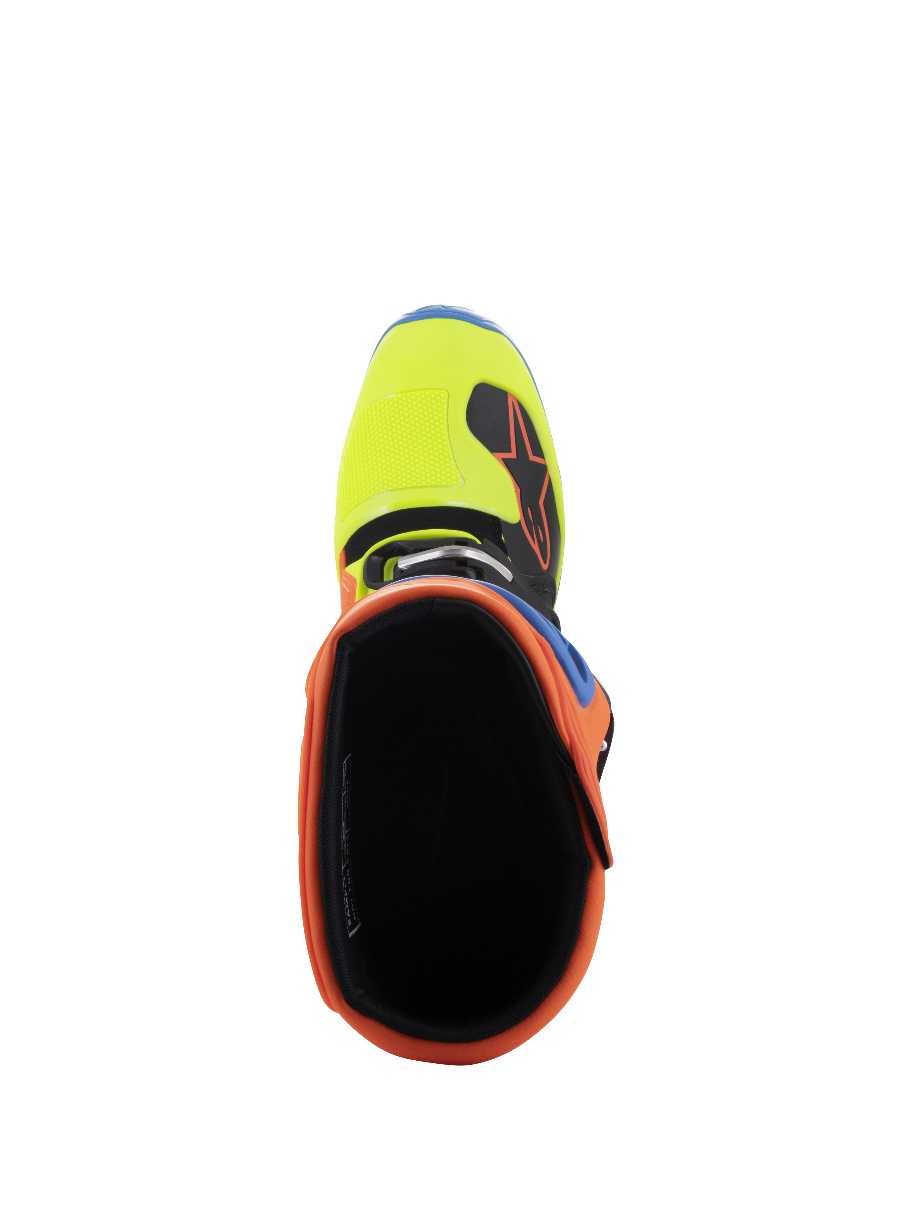 Alpinestars Tech 5 Boots, top-down view looking into the opening, featuring vibrant Orange Fluo collar and Yellow Fluo toe box, black interior lining, durable off-road motocross footwear