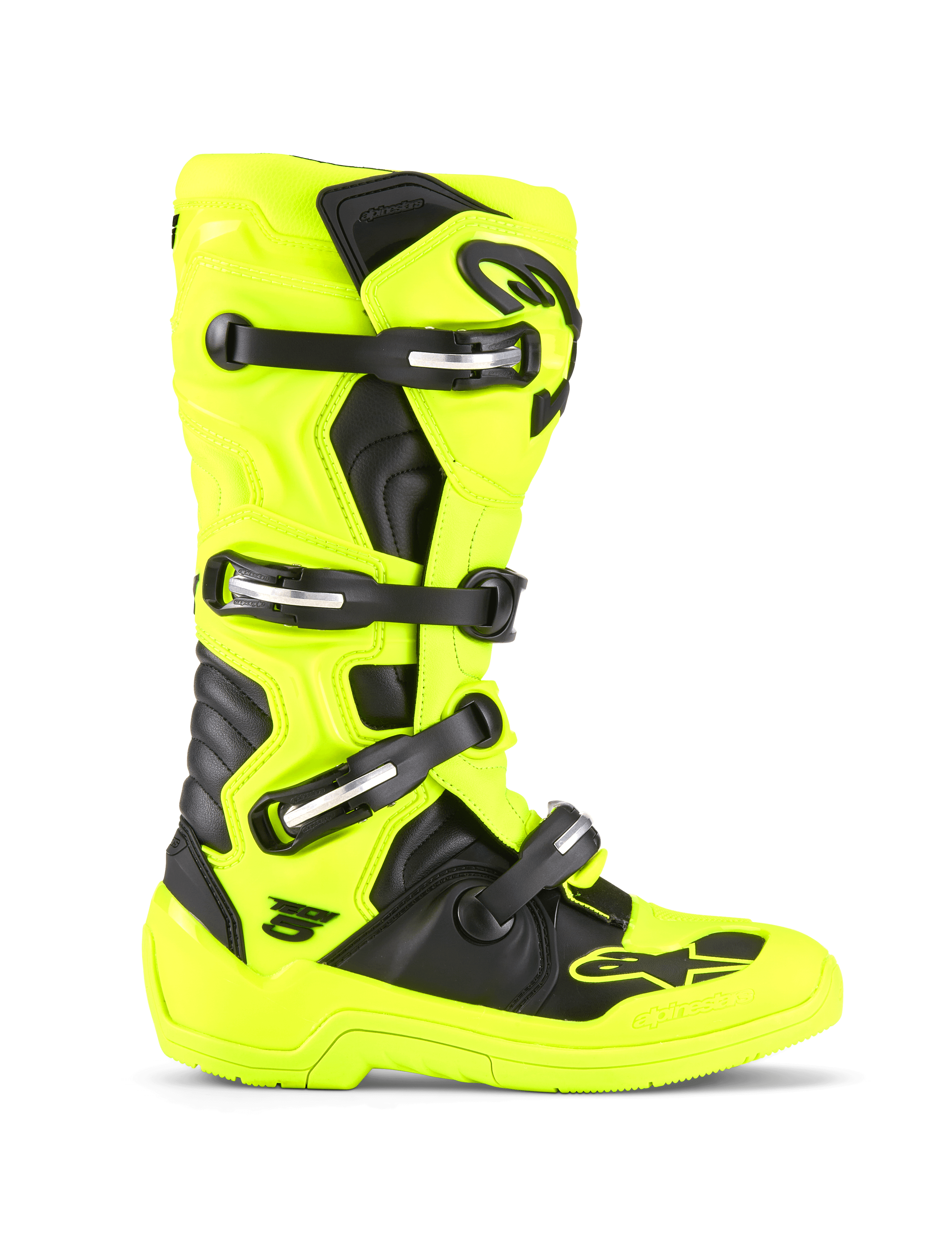 Alpinestars Tech 5 Boots, Motocross and Off-Road Boots, Yellow Fluo and Black, four-buckle closure system, protective TPU shell, biomechanical pivot design, durable sole for racing