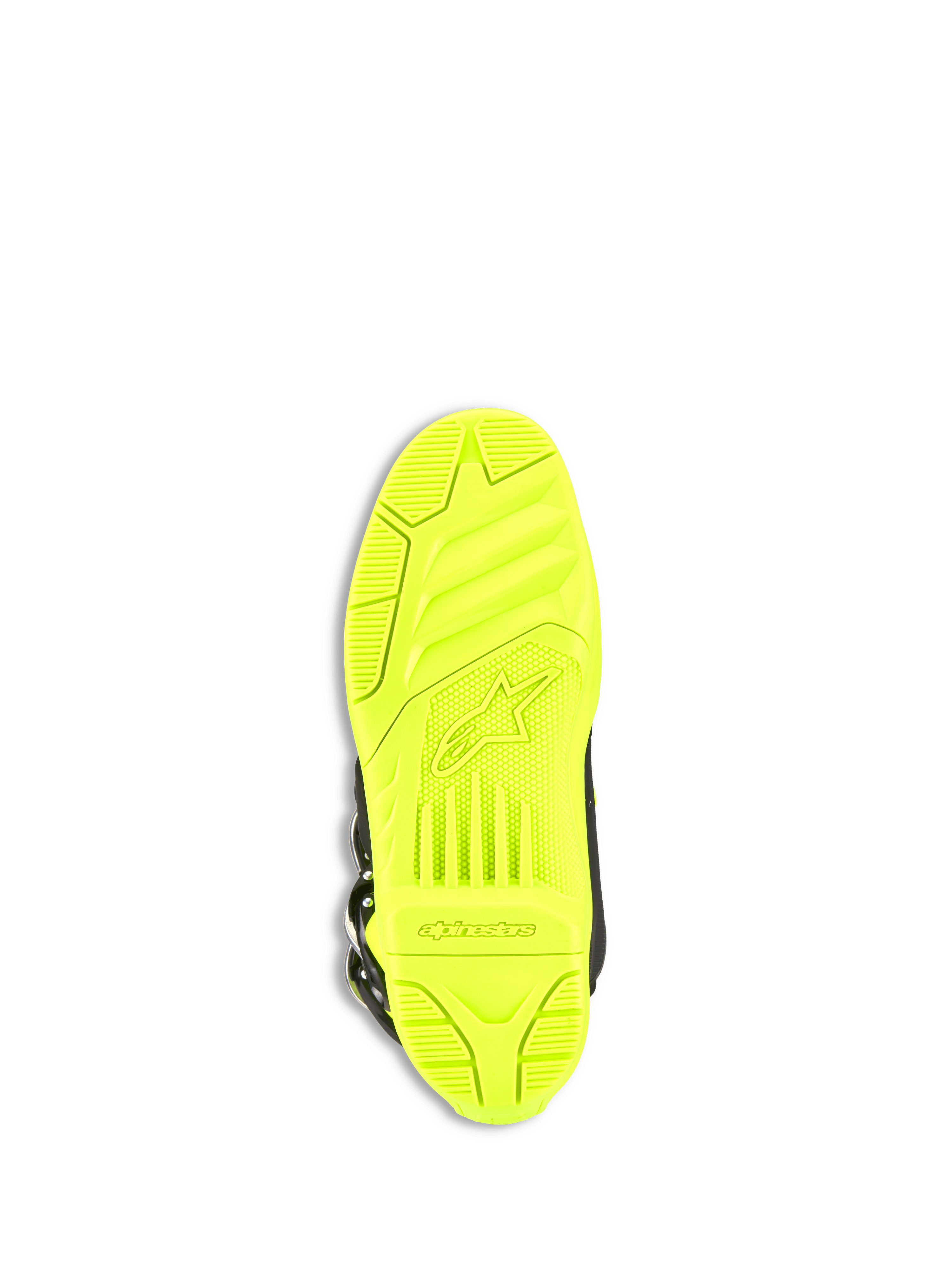 Alpinestars Tech 5 Boots, Motocross Boots, Yellow Fluo, bottom view of the sole featuring a high-grip textured pattern, embossed Alpinestars logo and wordmark, durable dual-compound construction for off-road riding