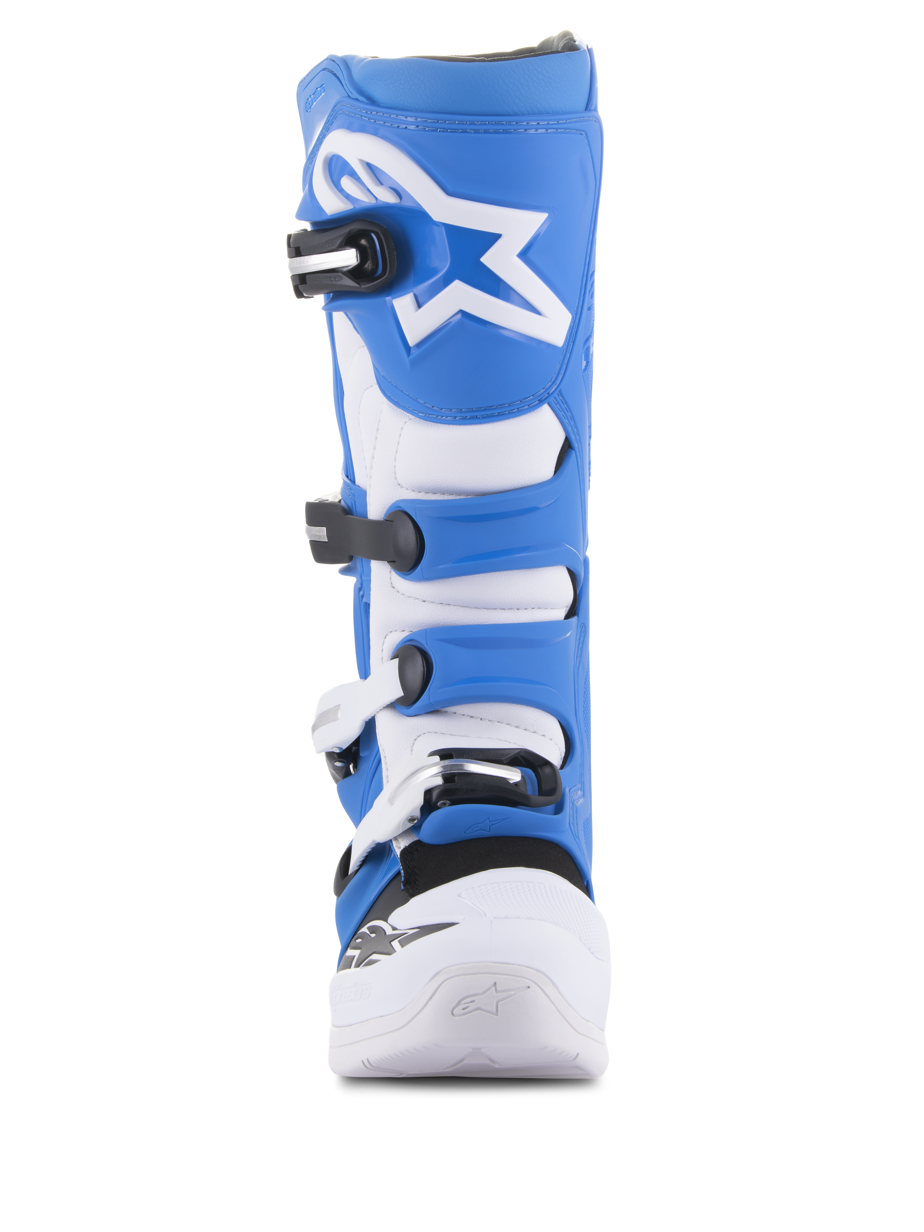 Alpinestars Tech 5 Boots, Motocross Boots, Blue and White, front-facing view, featuring a four-buckle closure system, white Alpinestars star logo on the blue shin plate, and durable microfiber chassis with reinforced white toe.