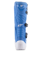 Alpinestars Tech 5 Boots, Blue and White, rear view showing the white protective heel with Tech Series logo, blue microfiber upper with accordion flex zones, and black buckle system, performance motocross footwear