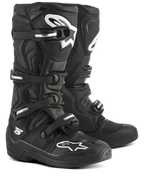 Bottes Alpinestars Tech 5, motocross tout-terrain unisexes, noires et blanches, certifiées CE, pivot biomécanique et système de boucles en aluminium.