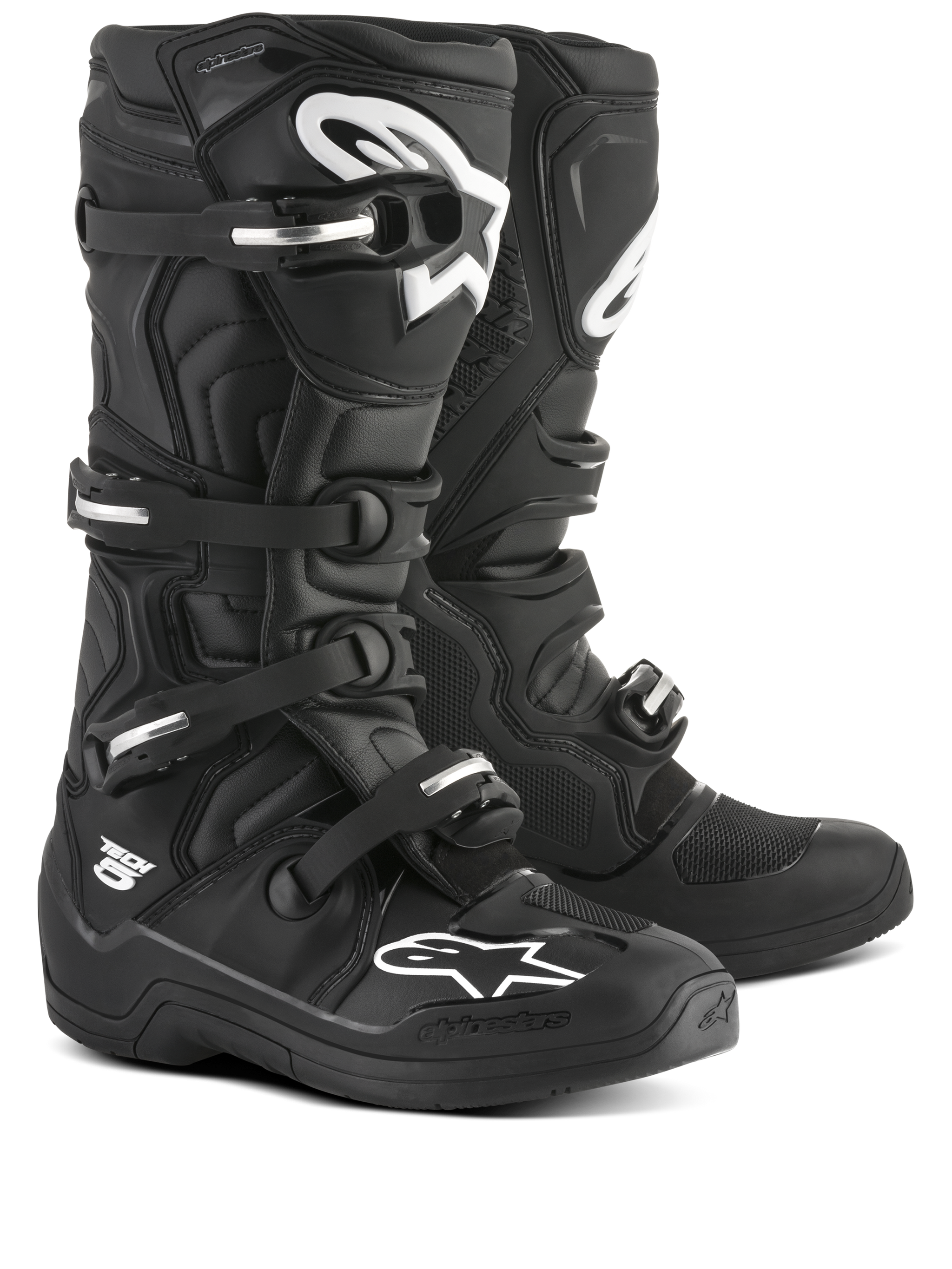 Alpinestars Tech 5 Motocross Boots, Black and White, CE certified with biomechanical pivot and aluminum buckle system.