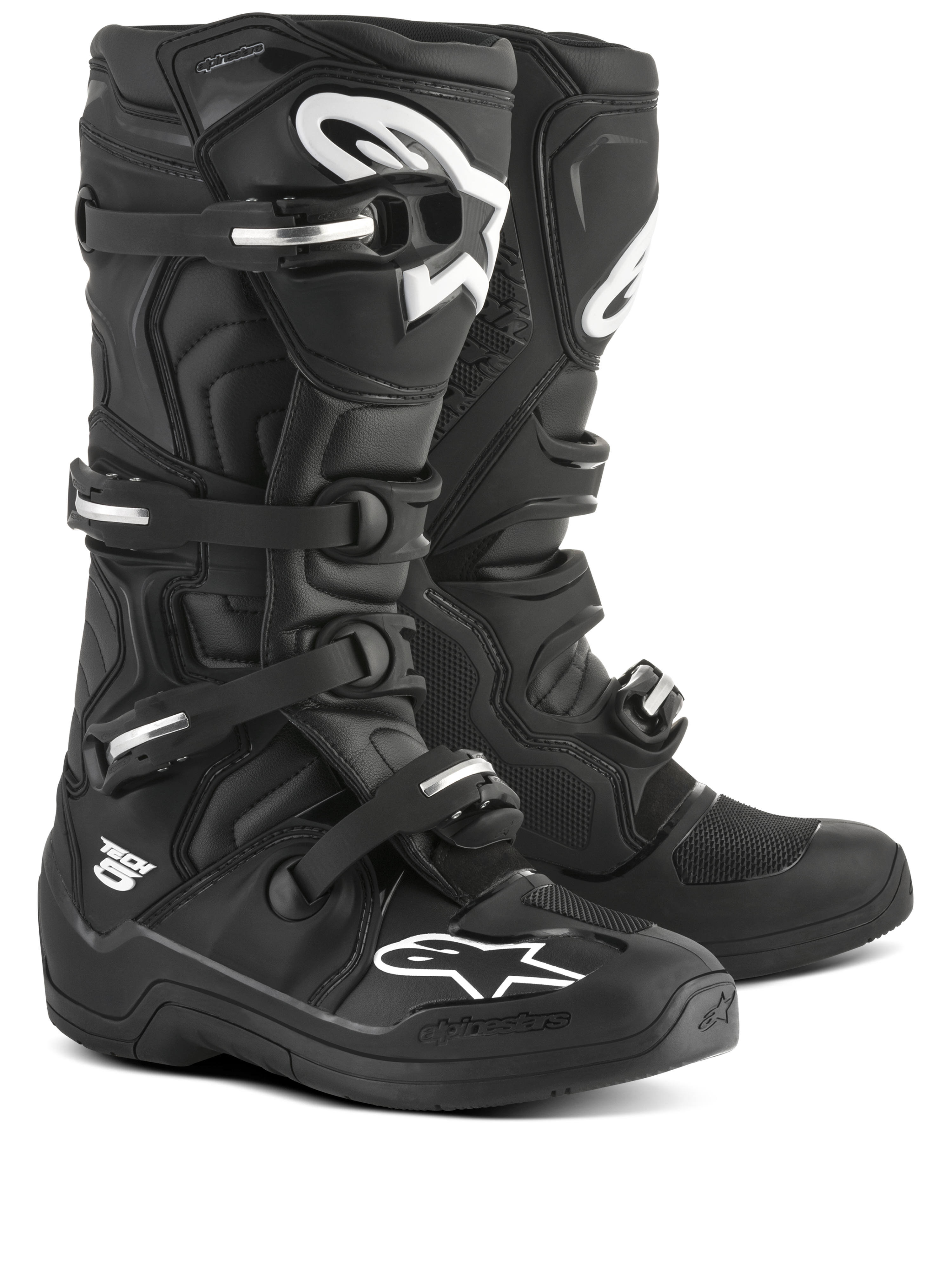 Bottes Alpinestars Tech 5, motocross tout-terrain unisexes, noires et blanches, certifiées CE, pivot biomécanique et système de boucles en aluminium.