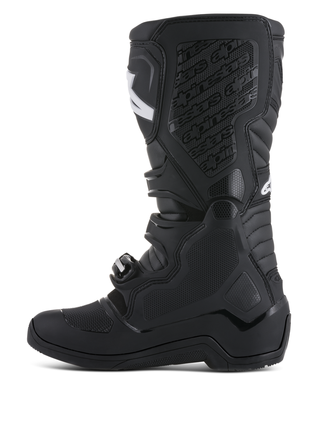 Alpinestars Tech 5, bottes de motocross noires avec pivot biomécanique et plaque tibiale en TPU, protection moto mixte.