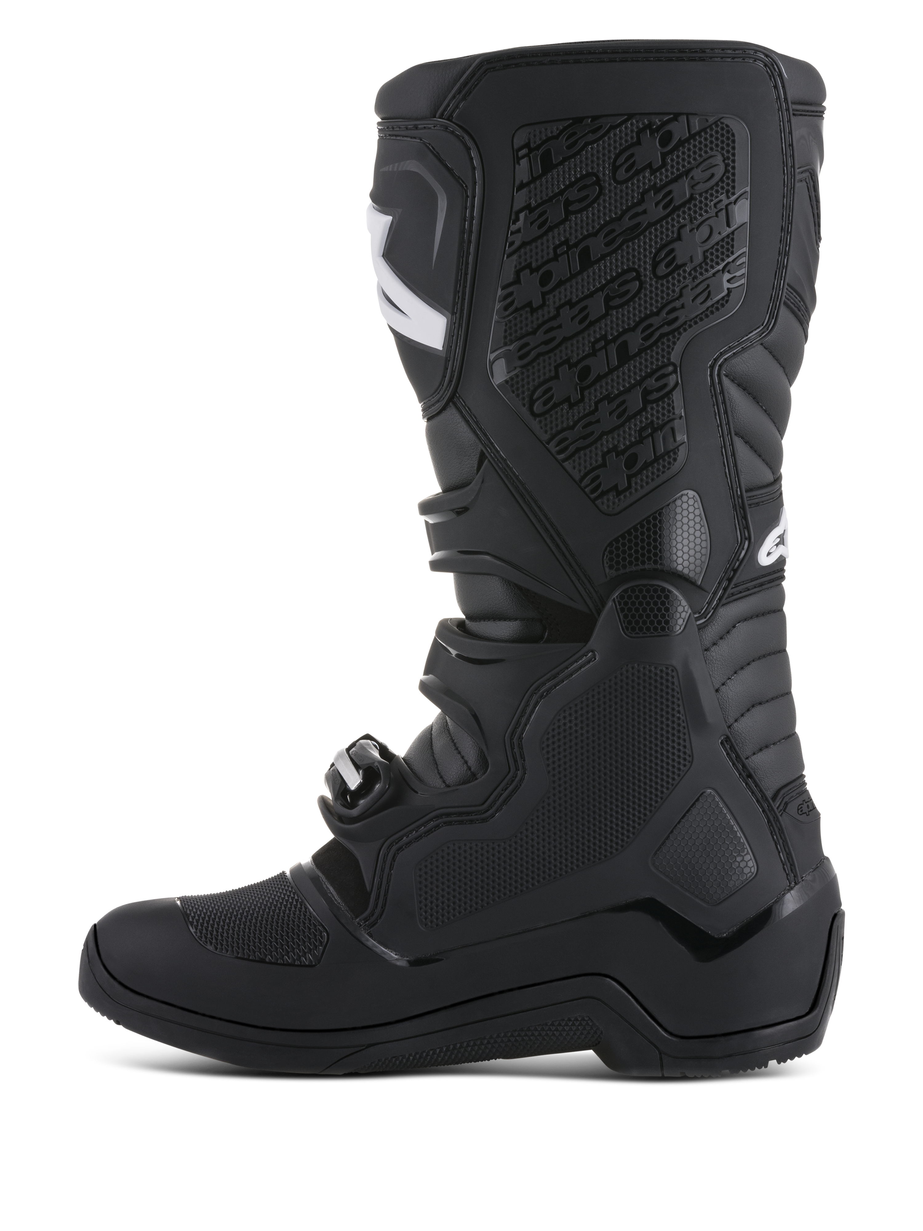 Alpinestars Tech 5, bottes de motocross noires avec pivot biomécanique et plaque tibiale en TPU, protection moto mixte.