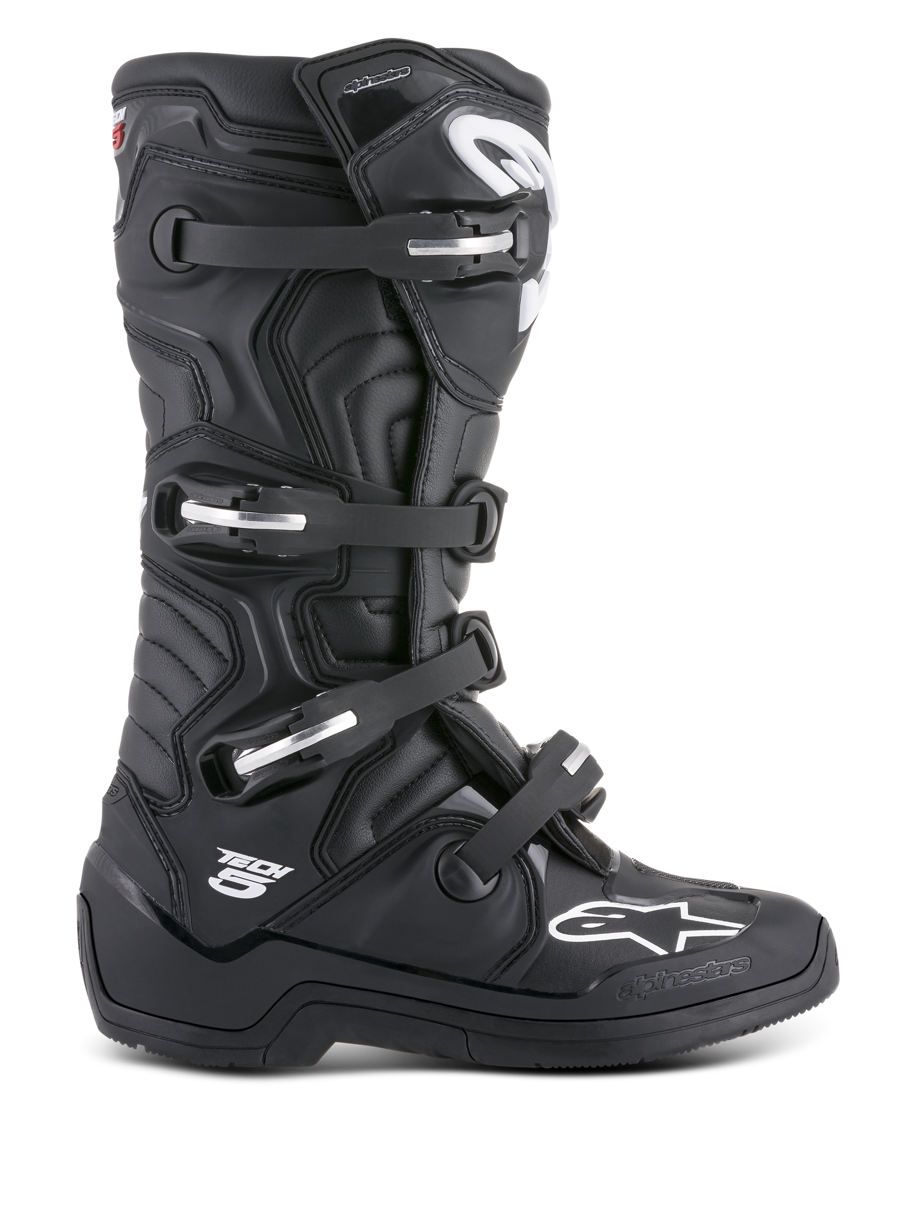 Alpinestars Tech 5, bottes de motocross mixtes, noires, certifiées CE, boucles en aluminium et coque TPU.