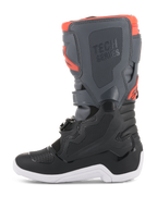 Alpinestars Youth Tech 7S Boots, Motocross Boots, Black Dark Gray and Red Fluorescent, side profile view featuring protective TPU panels, Tech Series branding, and white sole