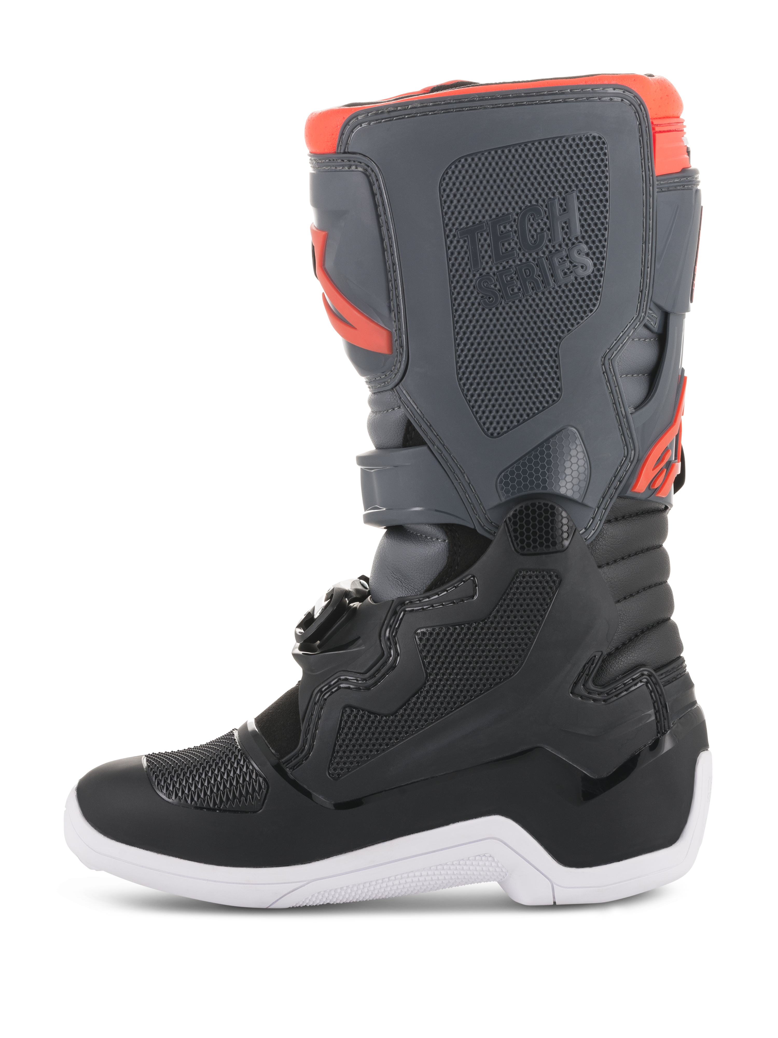 Alpinestars Youth Tech 7S Boots, Motocross Boots, Black Dark Gray and Red Fluorescent, side profile view featuring protective TPU panels, Tech Series branding, and white sole