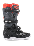 Alpinestars Youth Tech 7S Boots, Motocross Off-road Boots, Black Dark Gray and Red Fluorescent, high-top structure with three adjustable buckles, reinforced toe and heel, thick white sole with grip patterns, durable TPU protection and synthetic upper