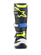 Alpinestars Youth Tech 7S Boots, Motocross Boots, Black Enamel Blue and Yellow Fluo, front view featuring a durable multi-buckle closure system, white toe guard, and vibrant fluorescent yellow Alpinestars logo on the shin plate