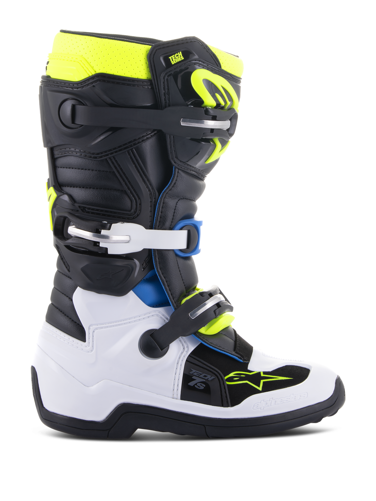 Alpinestars Youth Tech 7S Boots, Motocross Boots for Young Riders, Black White and Yellow Fluo with Blue accents, featuring an adjustable buckle system, reinforced protection panels, and high-traction sole for off-road racing