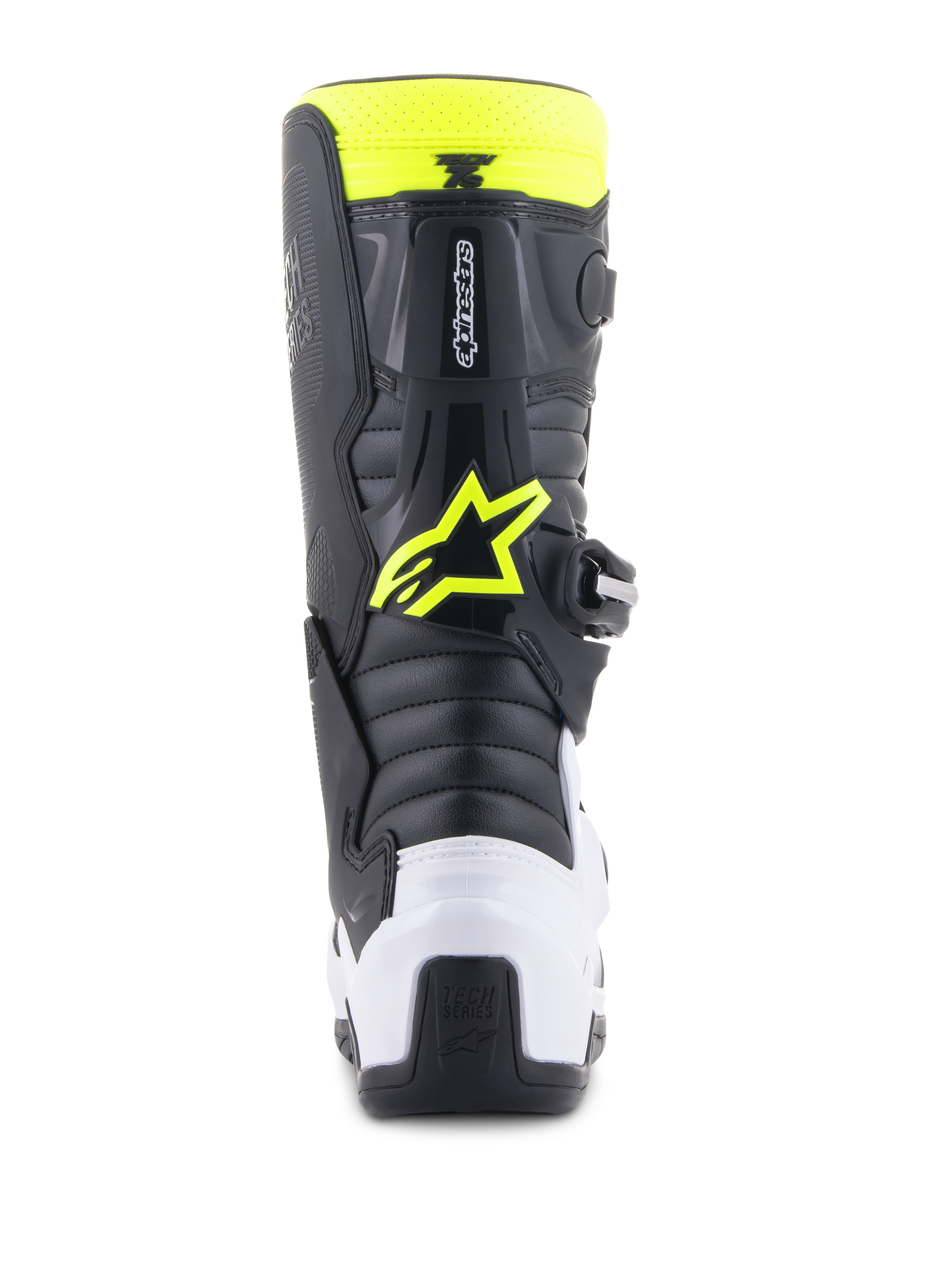 Alpinestars Youth Tech 7S Boots, Motocross Boots, Black, White and Yellow Fluo, rear view featuring a white heel protector and neon yellow Alpinestars logo, durable off-road racing footwear for junior riders