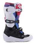 Alpinestars Youth Tech 7S Boots, Motocross Boots for Young Riders, White and Black with Red Blue and Purple accents, featuring a triple buckle closure system, protective TPU panels, and a durable thick white sole