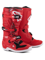 Alpinestars Youth Tech 7S Boots, Red Motocross Boots with white and black accents, featuring a triple buckle closure system, white Alpinestars logo on the shin, and a durable white sole
