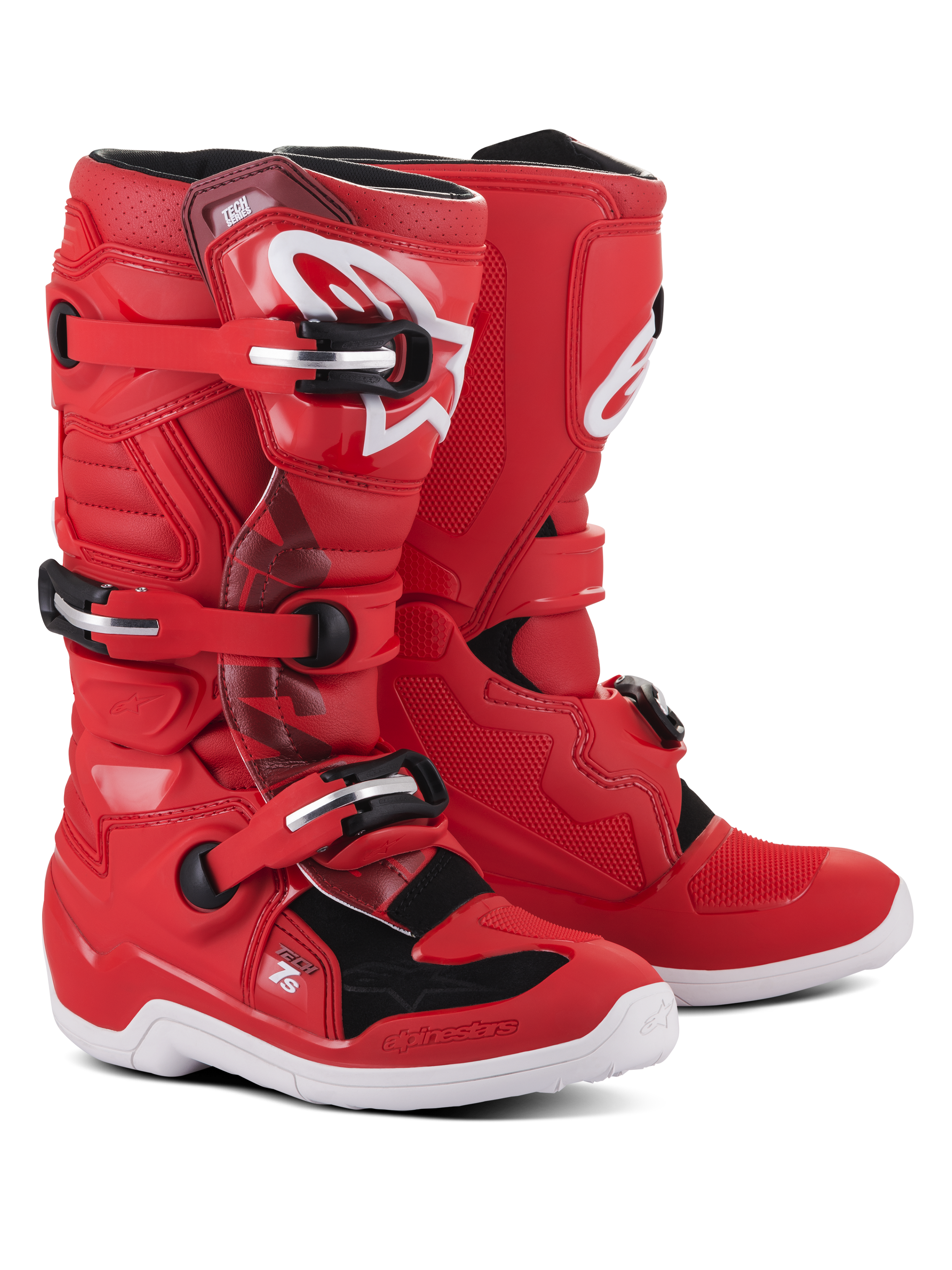 Alpinestars Youth Tech 7S Boots, Red Motocross Boots with white and black accents, featuring a triple buckle closure system, white Alpinestars logo on the shin, and a durable white sole