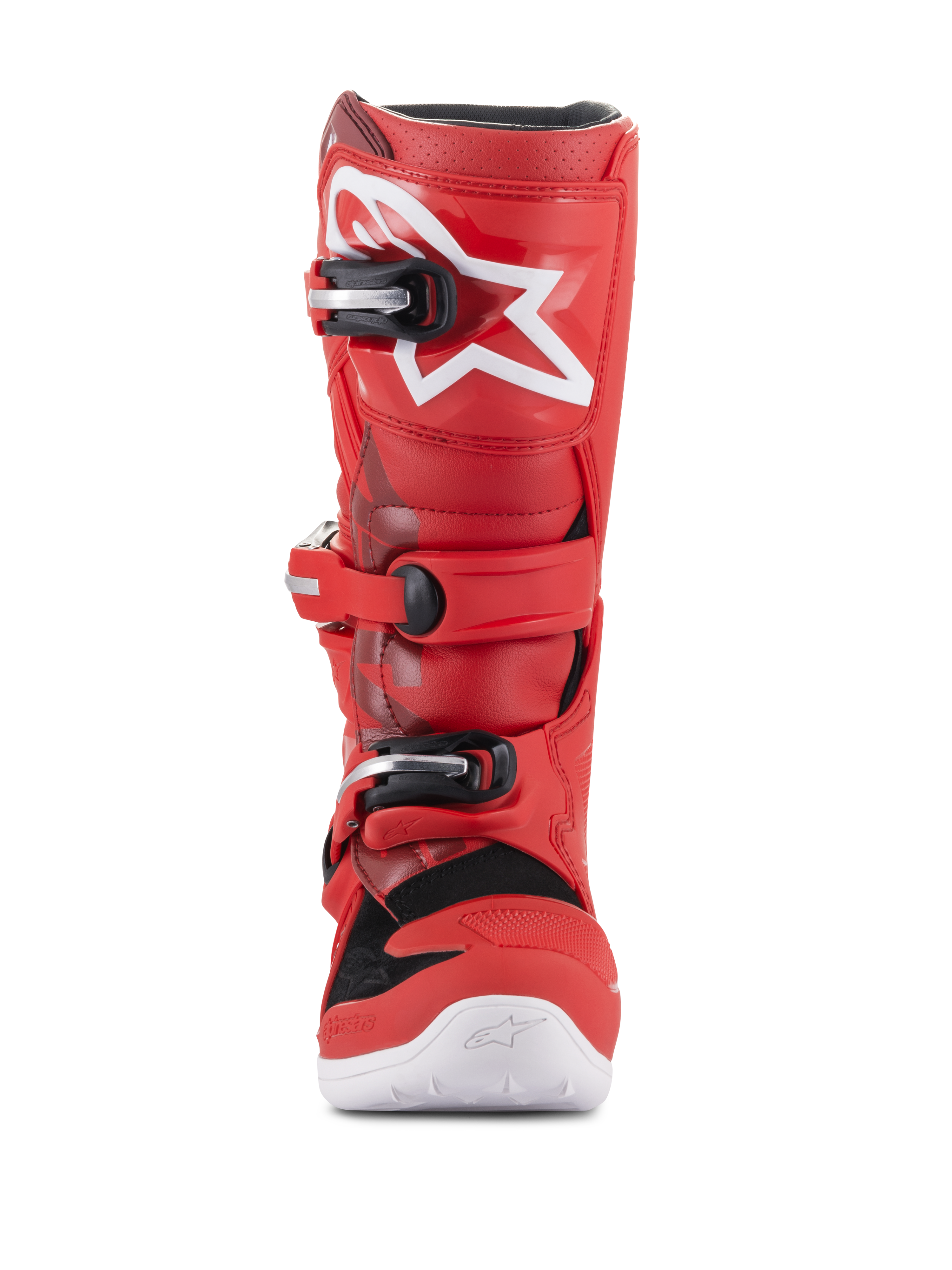 Alpinestars Youth Tech 7S Boots, Youth Motocross Boots, Red, featuring white star logo on the shin, black and silver buckle system, white sole, durable construction for off-road riding, front view