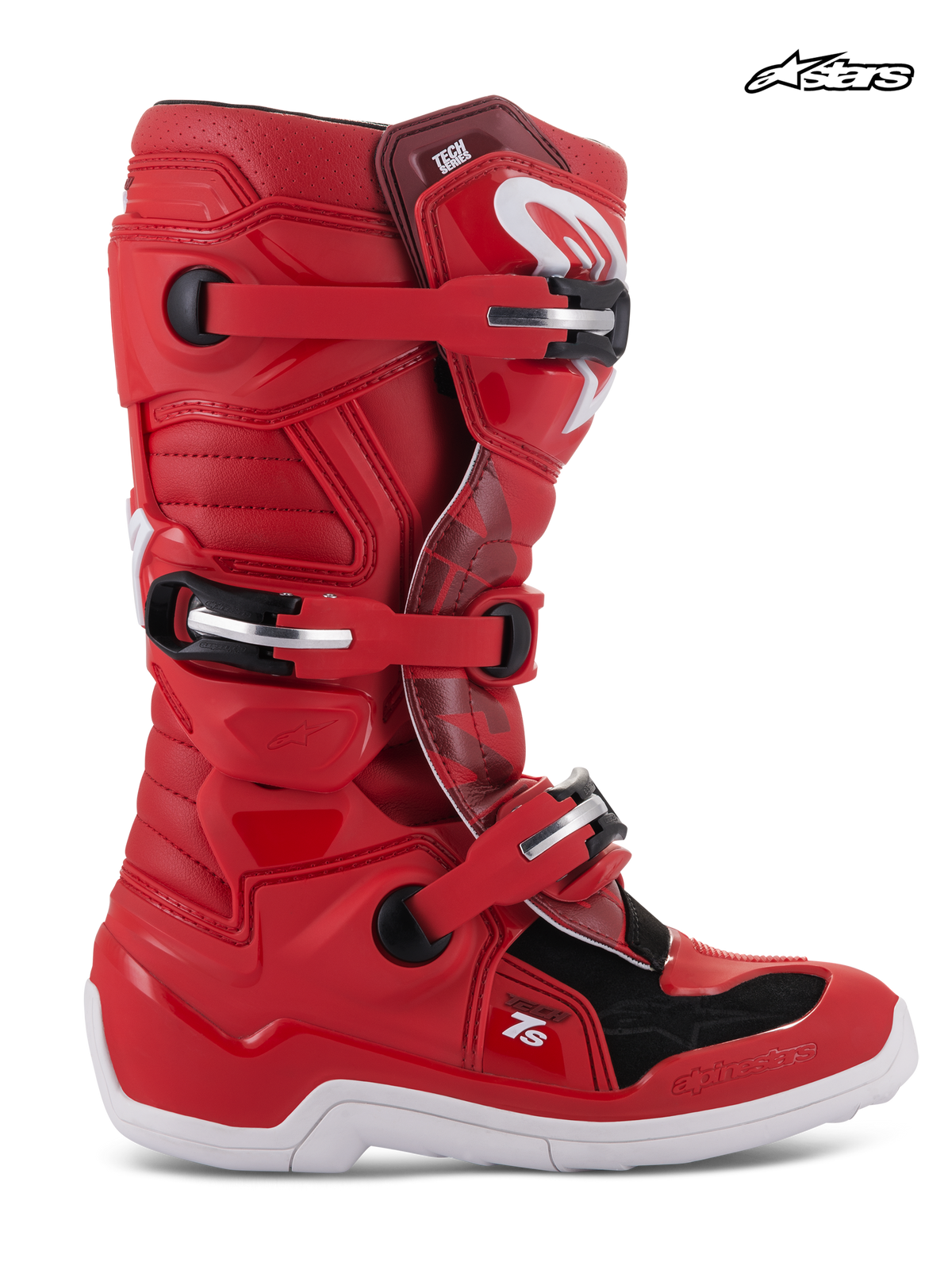 Alpinestars Youth Tech 7S Boots, youth motocross off-road boots, red and white, CE certified with buckle closure system and pivot design, side profile view