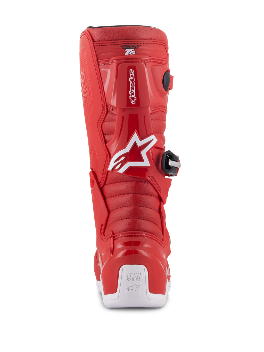 Alpinestars Youth Tech 7S Boots, Red Motocross Boots, rear view featuring white Alpinestars logo and heel protector, ribbed flex zones, protective TPU construction for youth off-road racing