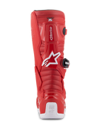 Alpinestars Youth Tech 7S Boots, Red Motocross Boots, rear view featuring white Alpinestars logo and heel protector, ribbed flex zones, protective TPU construction for youth off-road racing