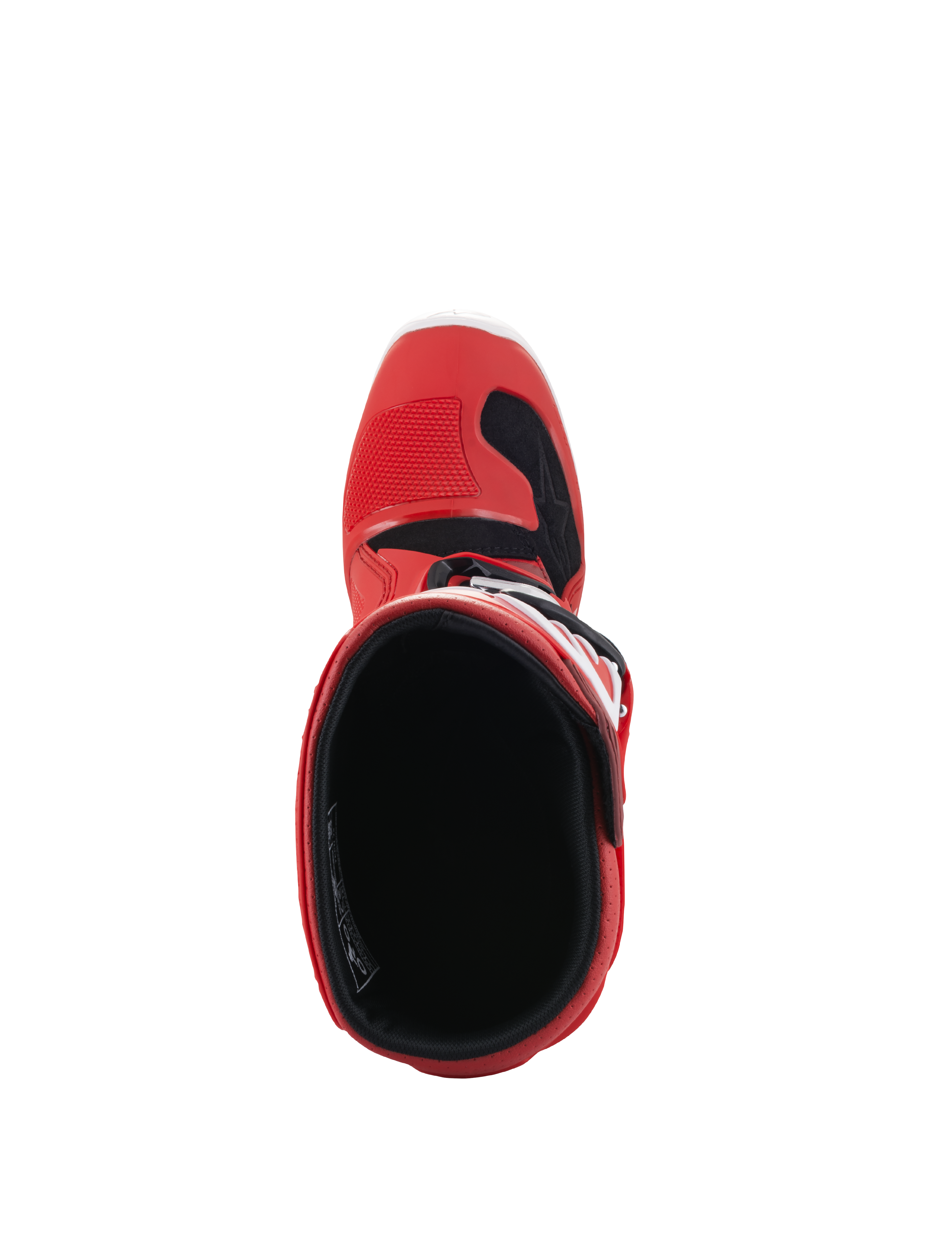 Alpinestars Youth Tech 7S Boots, Motocross Boots, Red, top-down view showing the interior lining and opening, red outer shell with black and white accents, designed for junior off-road riders