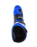 Alpinestars Youth Tech 7 S Boots, Motocross Boots, Blue Black and White, top-down view looking into the boot interior, showing blue outer shell and black lining, durable construction with white branding for youth motocross racing