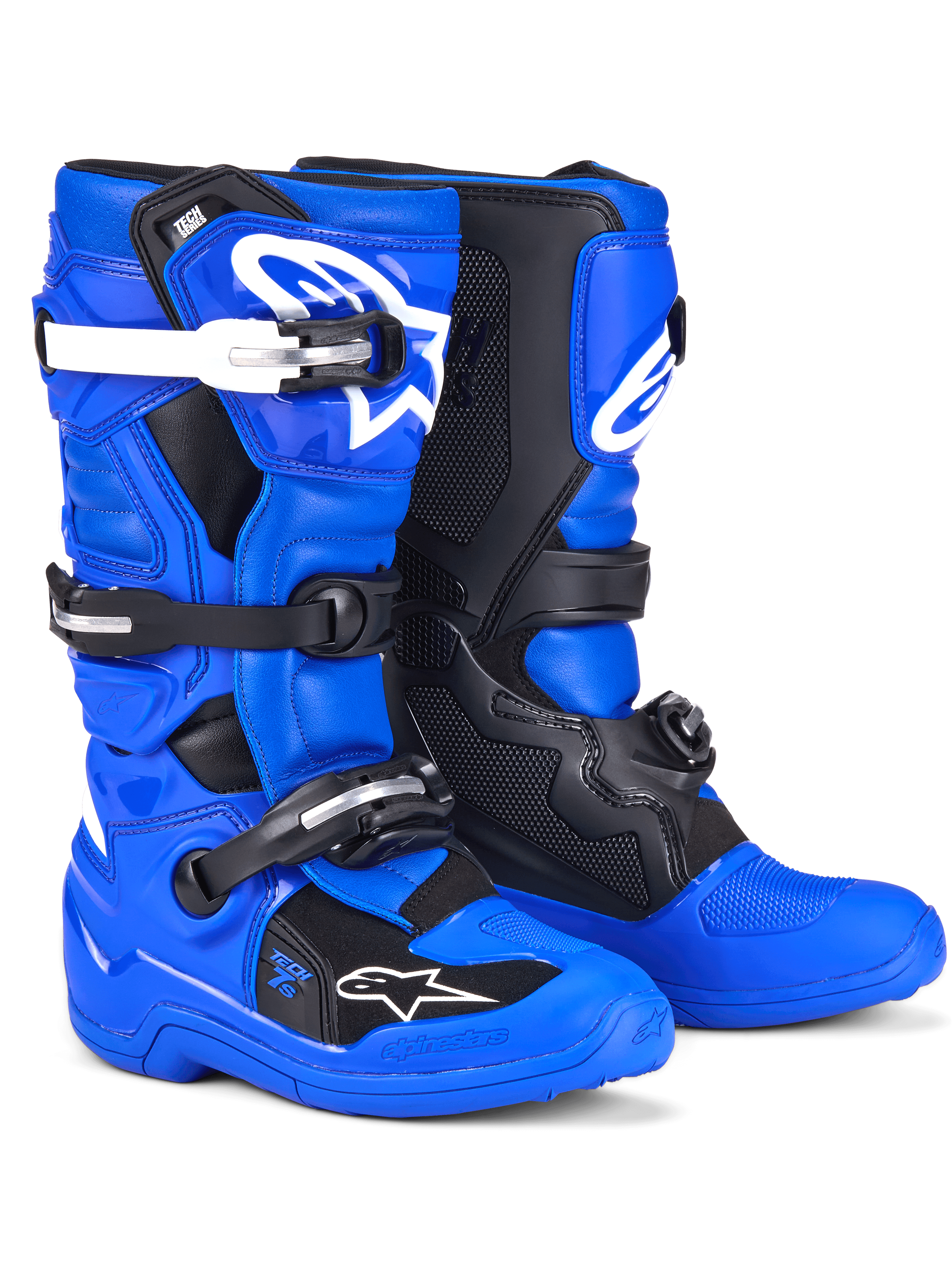 Alpinestars Youth Tech 7 S Boots, Motocross Boots, Blue Black and White, featuring a vibrant blue upper with black protective panels and white buckle accents, multi-strap closure system, durable racing spec design for off-road riding