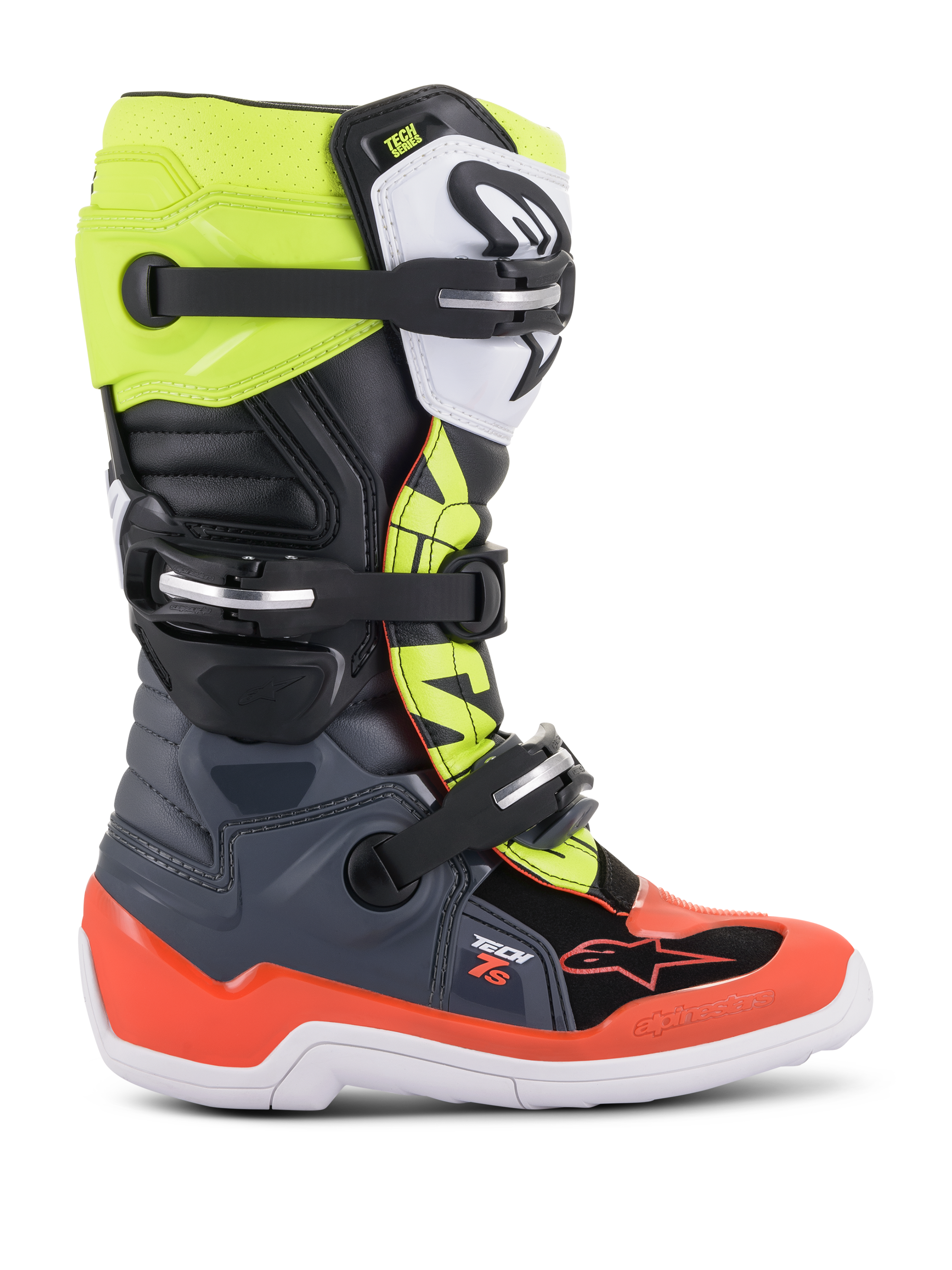 Alpinestars Youth Tech 7S Boots, bottes de motocross tout-terrain, gris foncé, rouge fluo et jaune fluo, avec semelle blanche et fermetures à boucles multiples, construction robuste pour jeunes pilotes