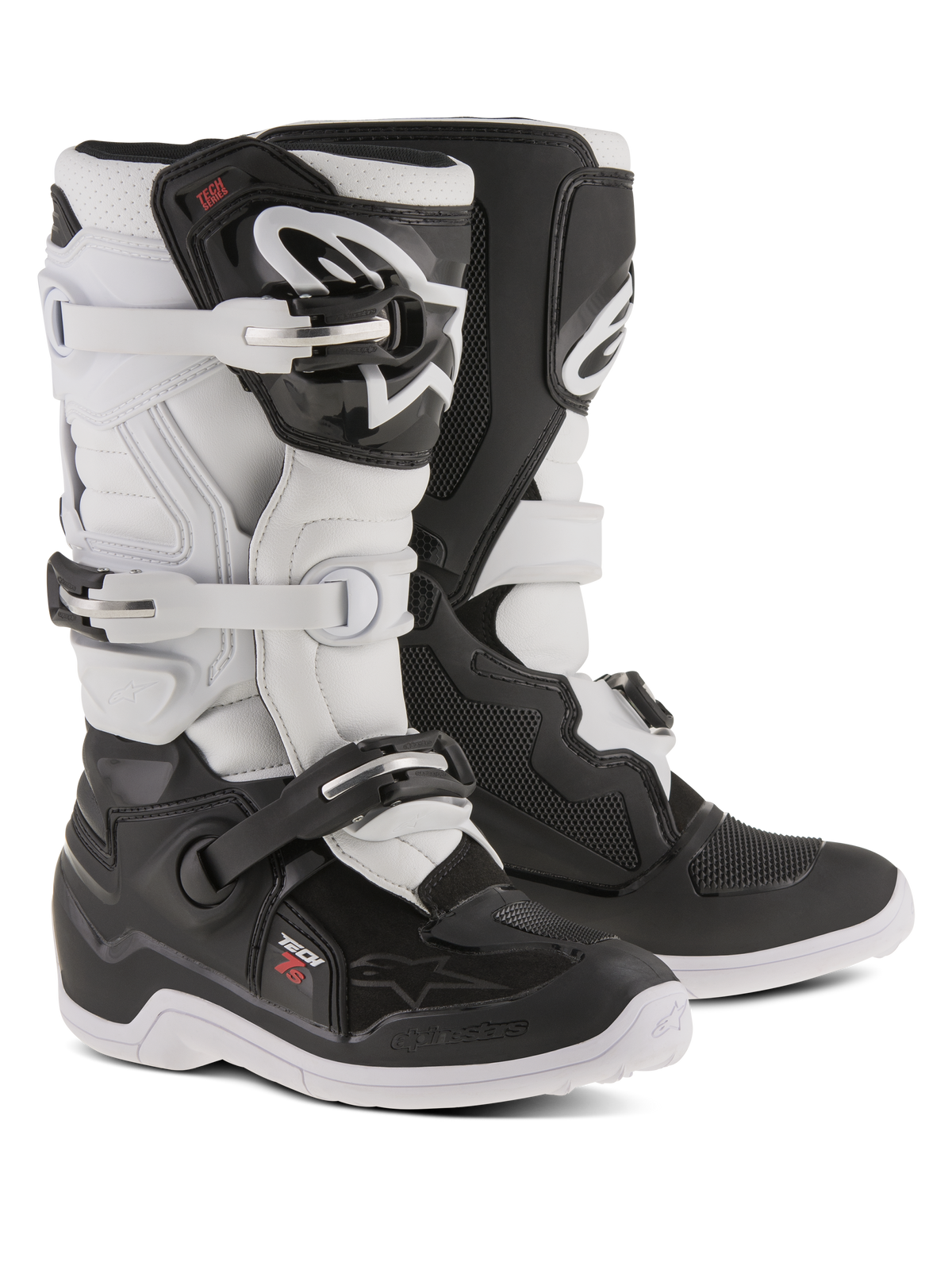 Alpinestars Youth Tech 7S Boots, Motocross Boots, Black and White, featuring adjustable buckle closure system, TPU shin guard and pivot system, durable construction with thick patterned soles for off-road riding