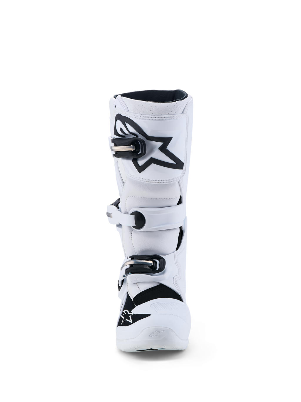 Alpinestars Youth Tech 7S Boots, youth motocross racing footwear, white and black, CE certified with TPU shin protection.