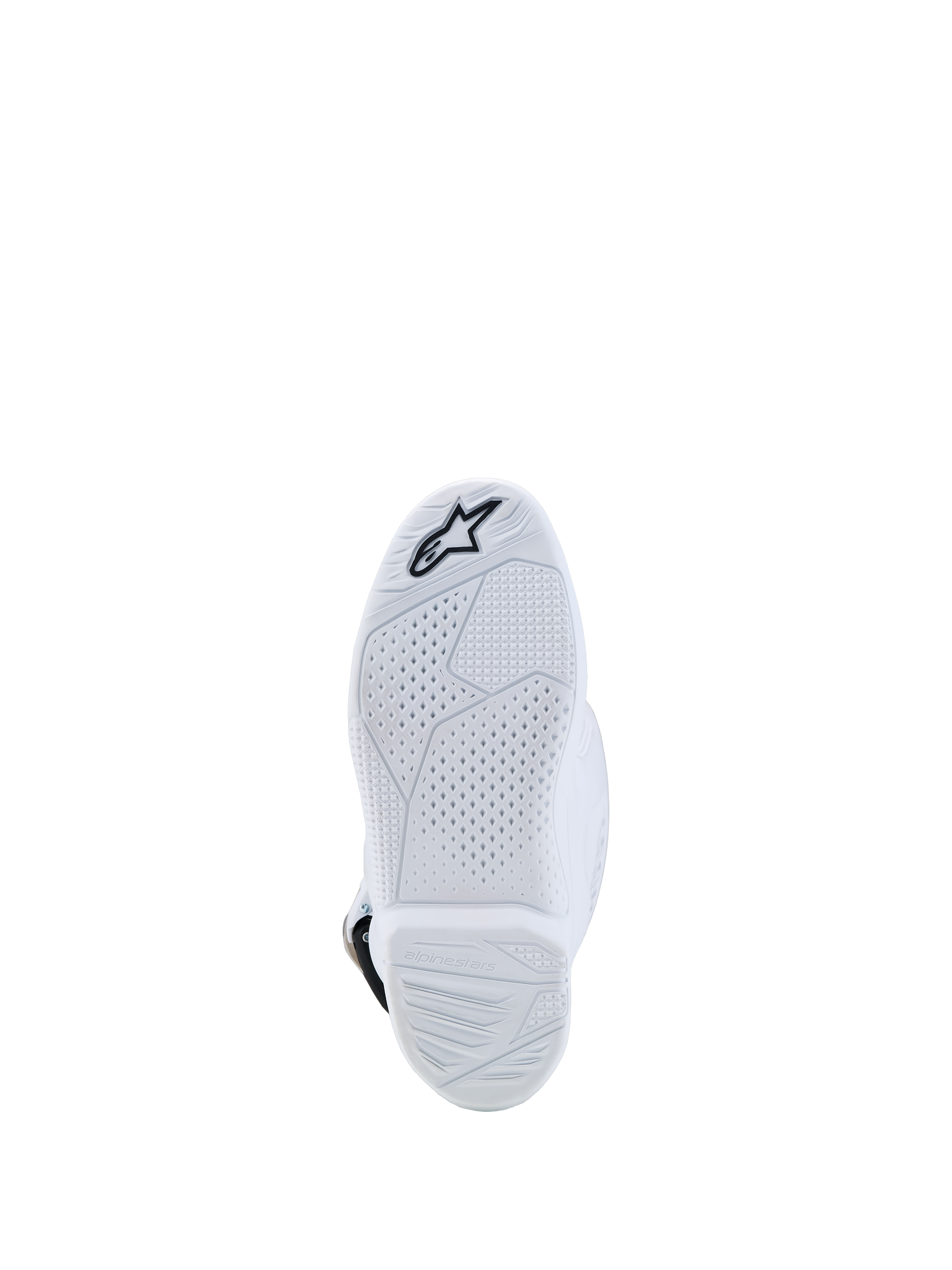 Alpinestars Youth Tech 7S Boots, white motocross racing boots, durable compound sole with textured grip and logo.