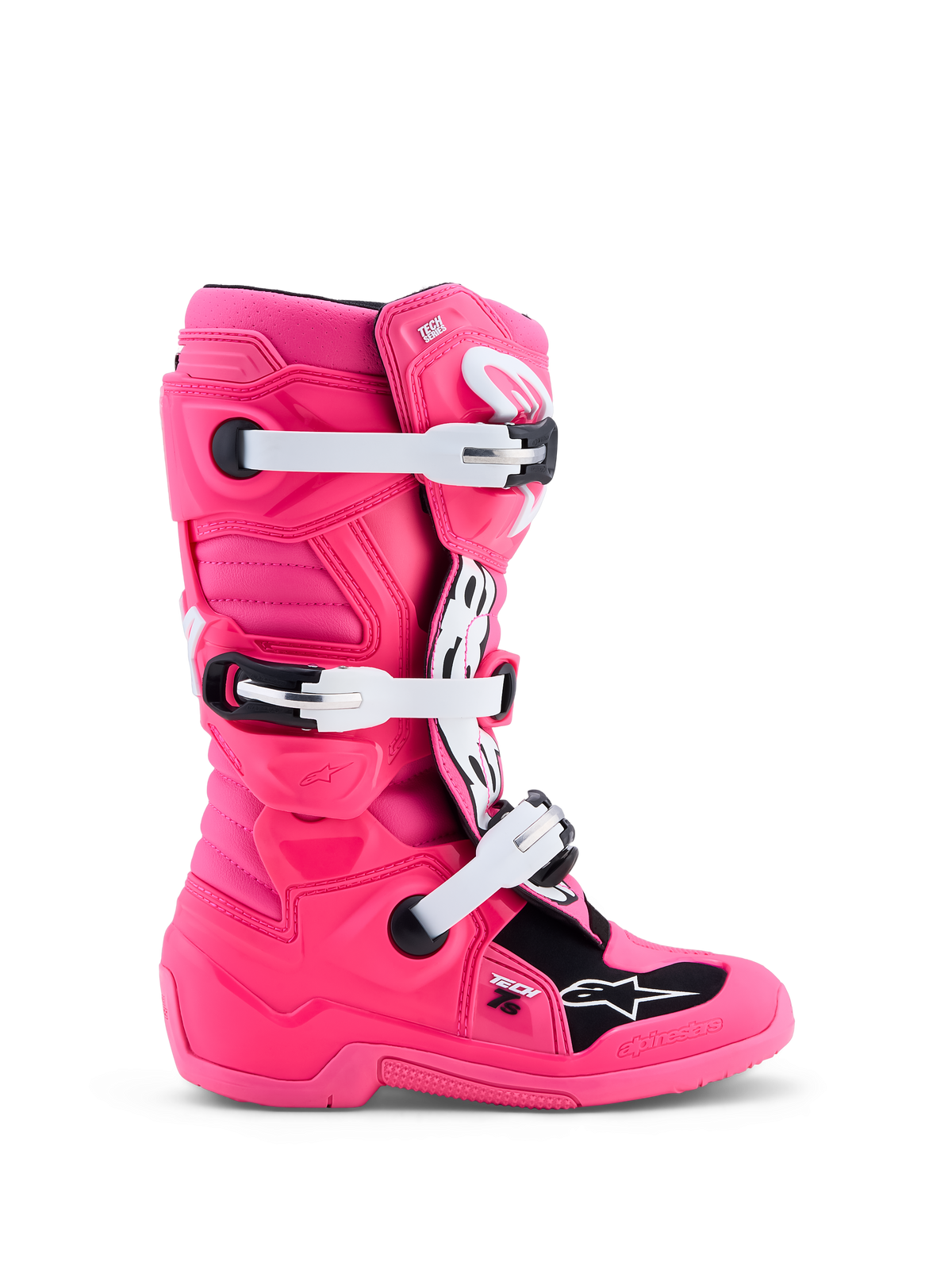 Alpinestars Bottes Tech 7S Junior, bottes de motocross enfant, rose fluo et noires, boucles blanches et protection TPU durable.